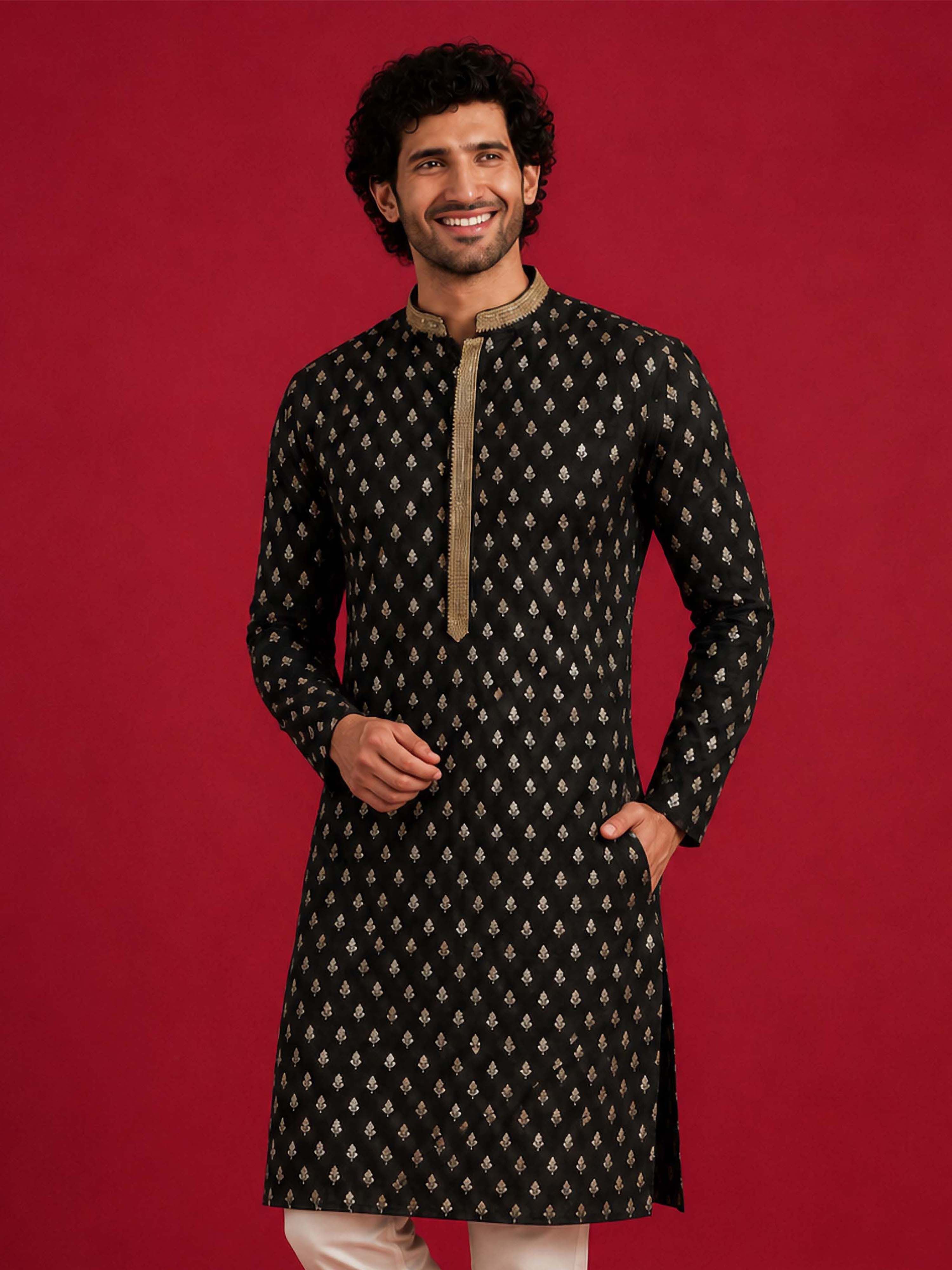 Men Black Viscose Kurta Navratri, Diwali, Wedding, Festive, Festive Glitz, Durga Puja Ethnic Wear