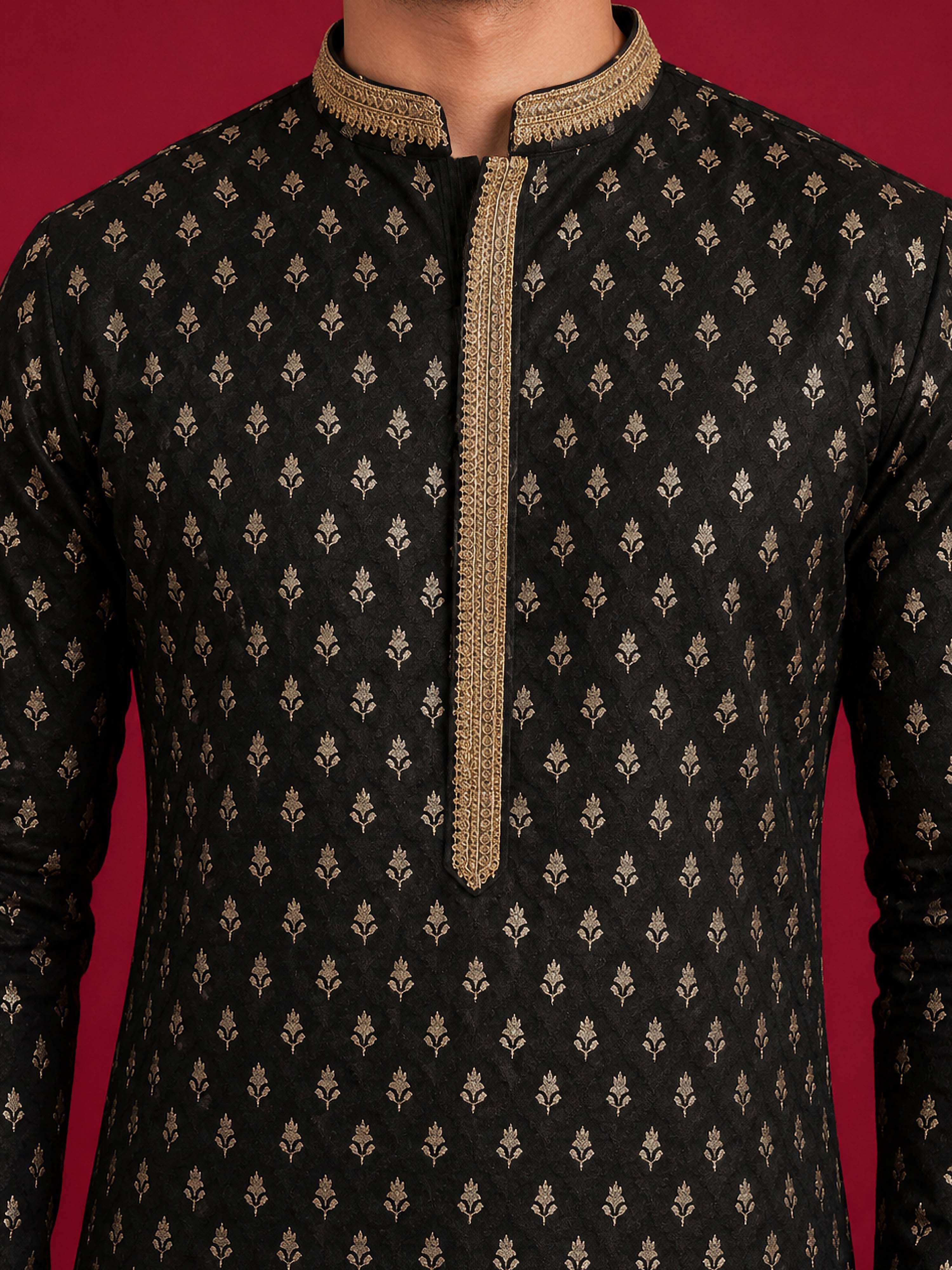 Men's Black Viscose Embroidered Knee Length Kurta with Pyjama