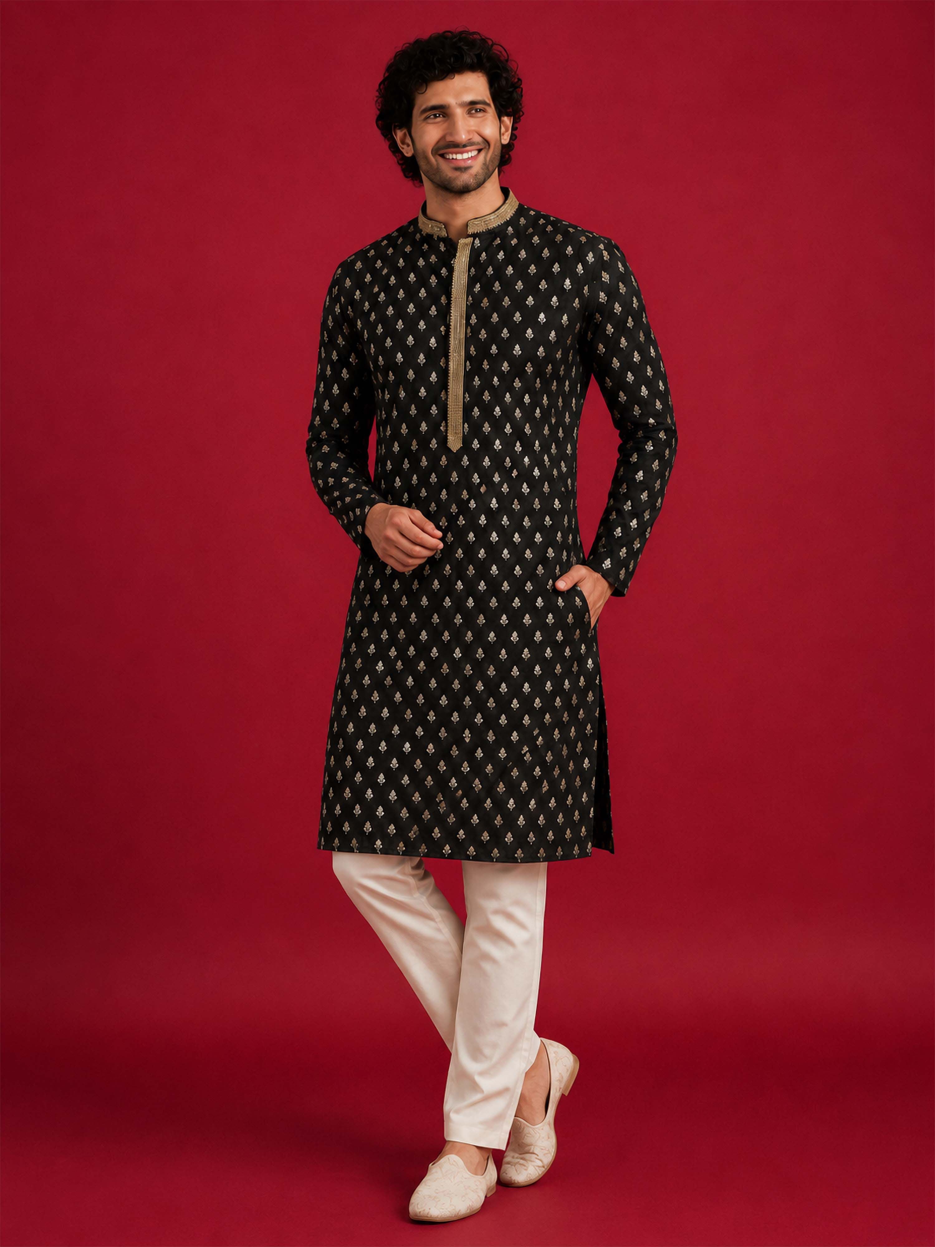 Men's Black Viscose Embroidered Knee Length Kurta with Pyjama