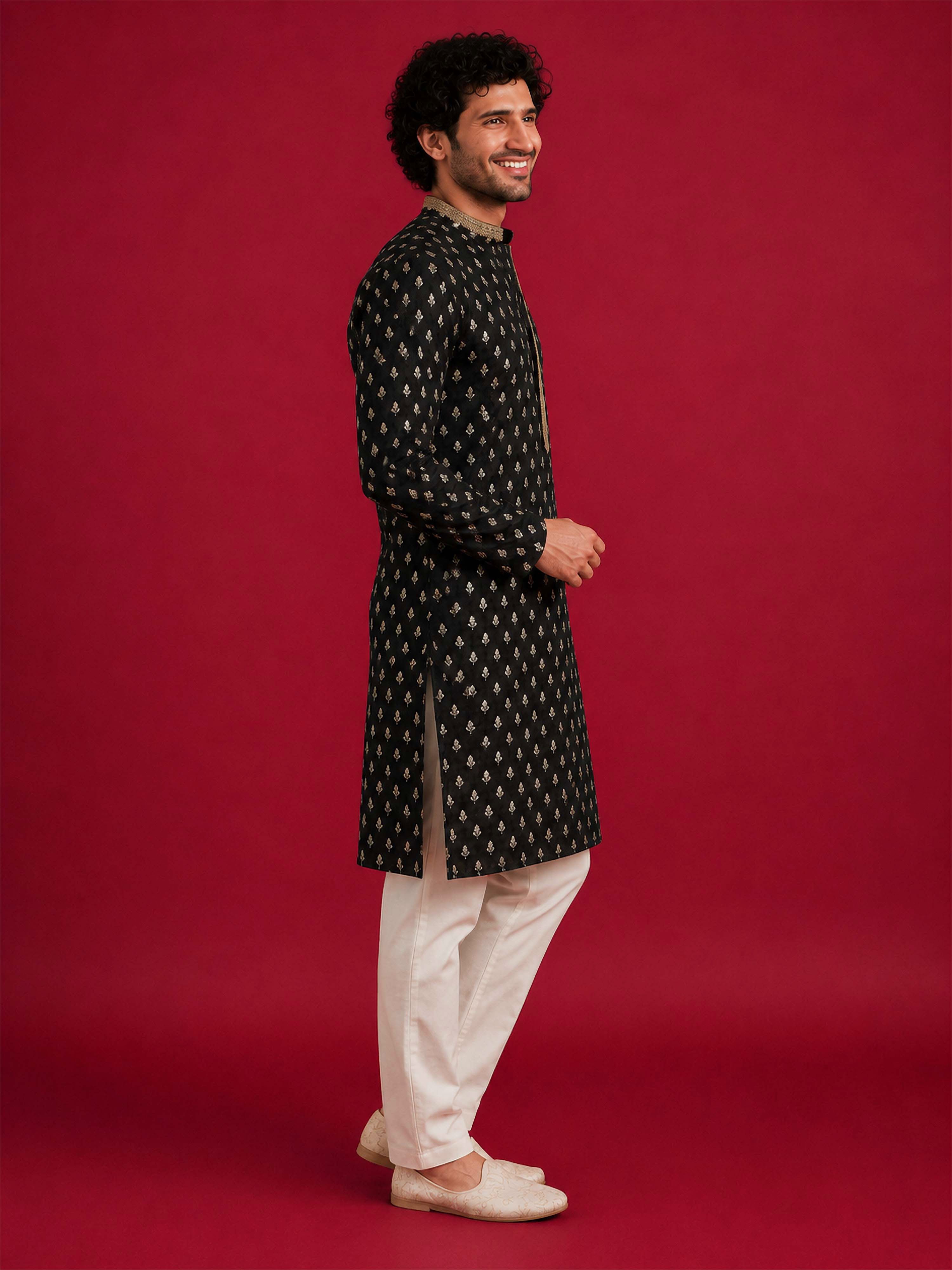 Men's Black Viscose Embroidered Knee Length Kurta with Pyjama