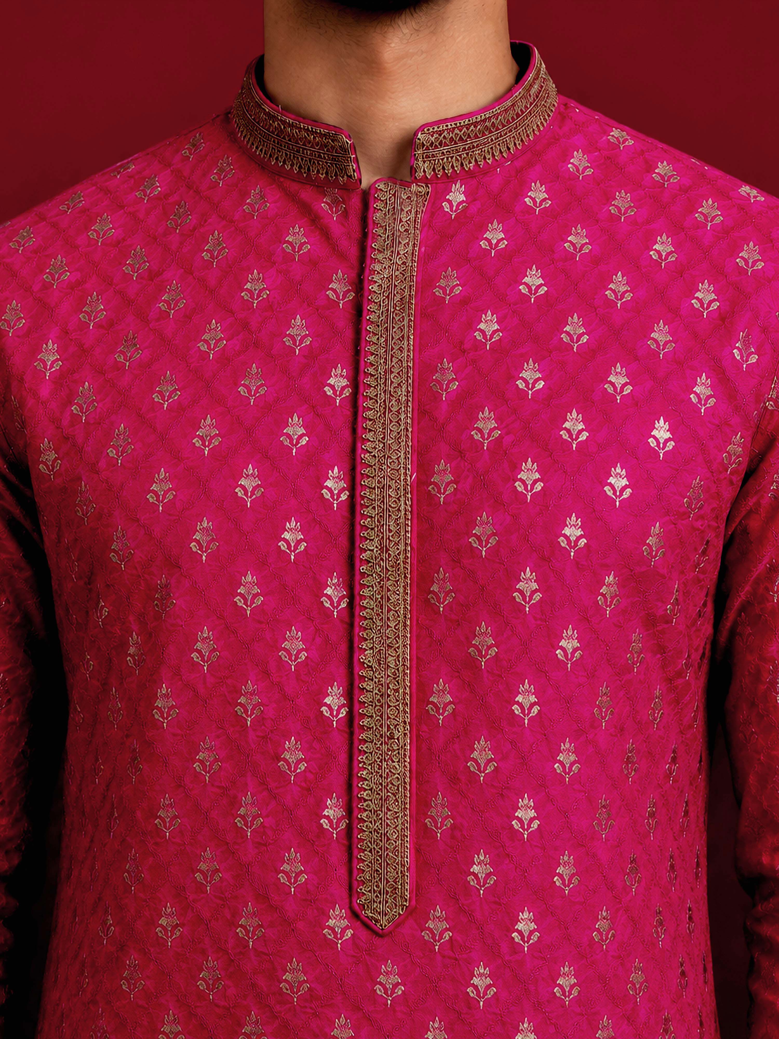 Men's Purple Viscose Self Design Knee Length Kurta with Pyjama