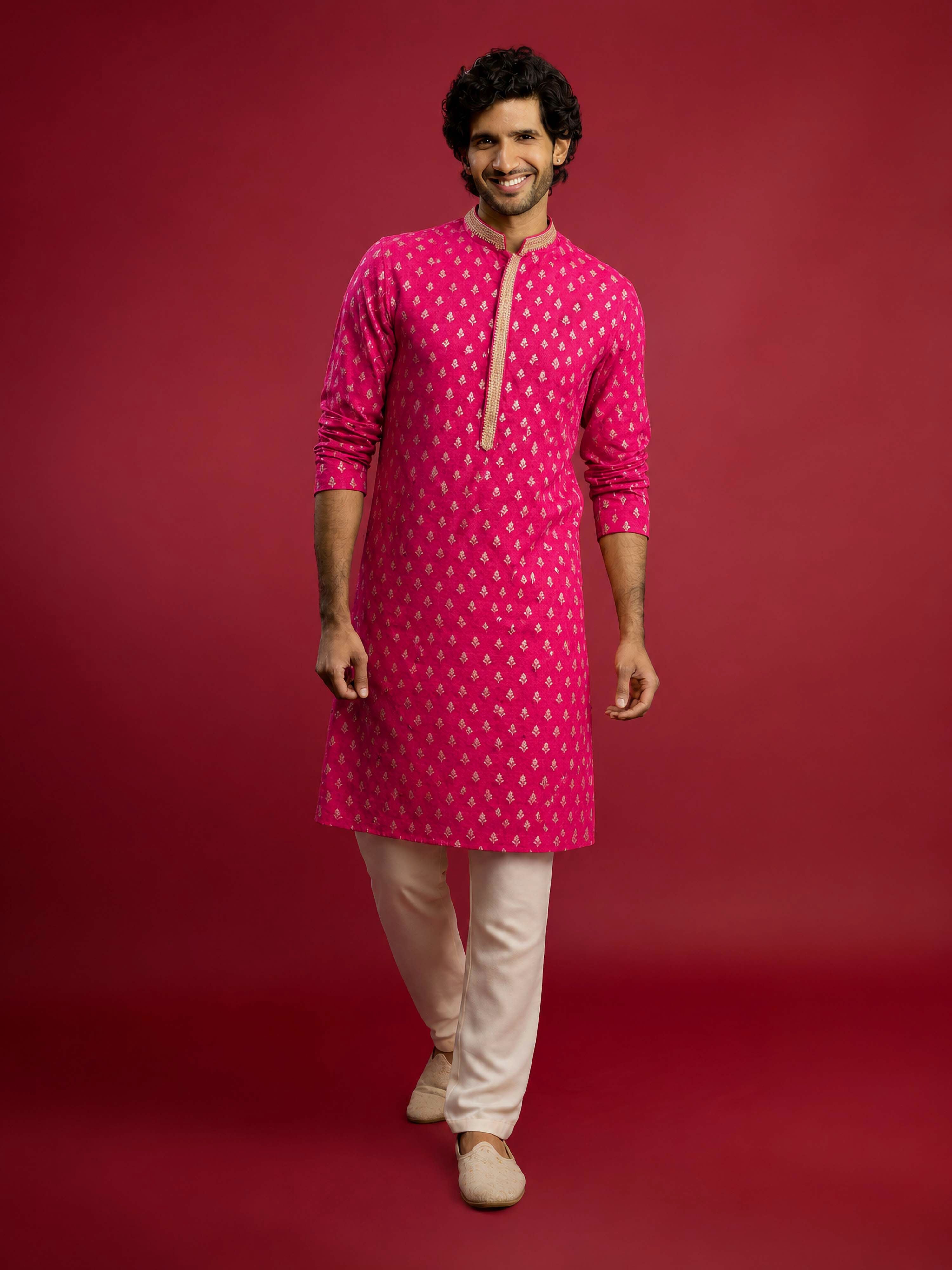 Men's Purple Viscose Self Design Knee Length Kurta with Pyjama