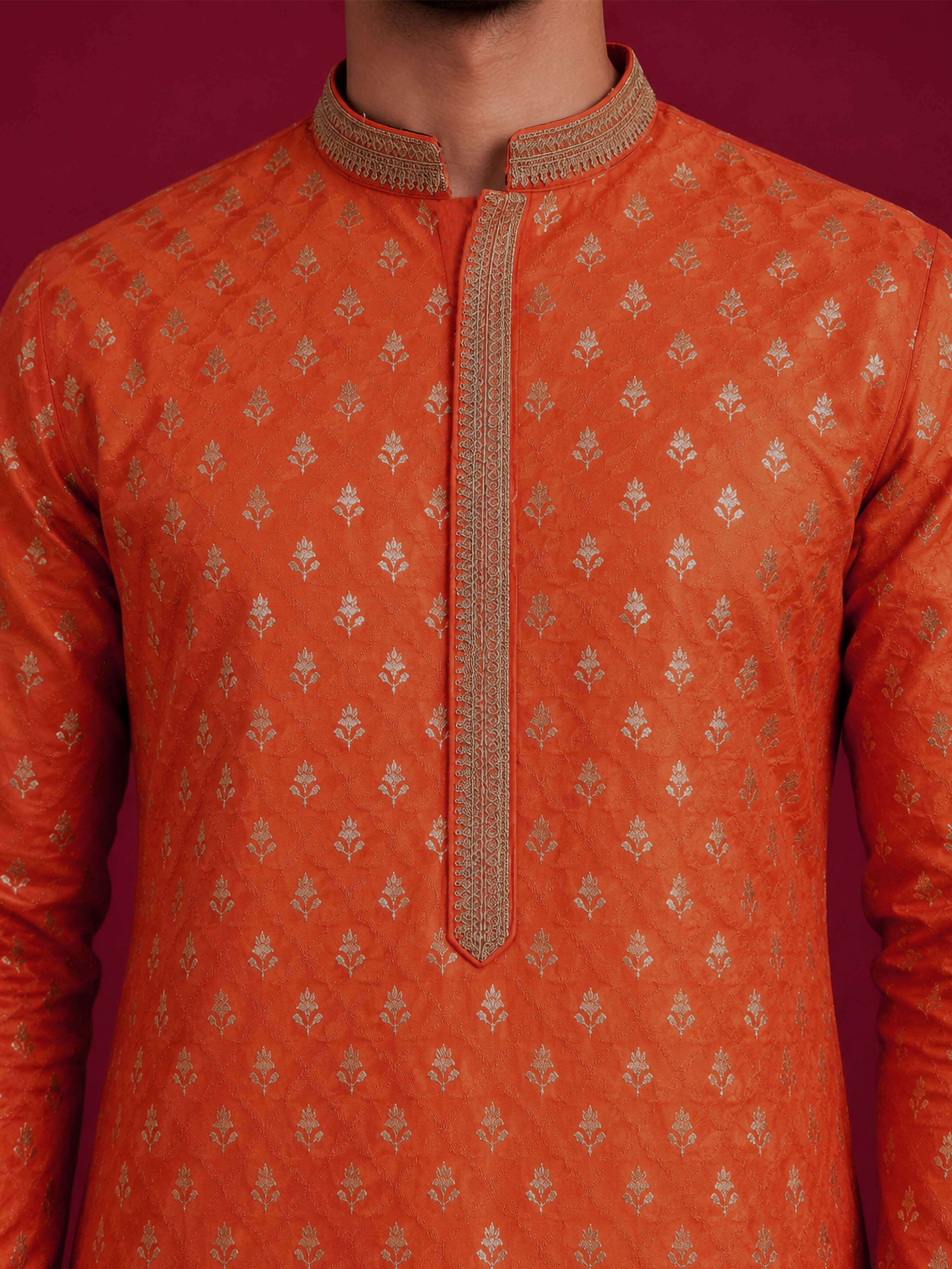 Men's Orange Viscose Self Design Knee Length Kurta with Pyjama