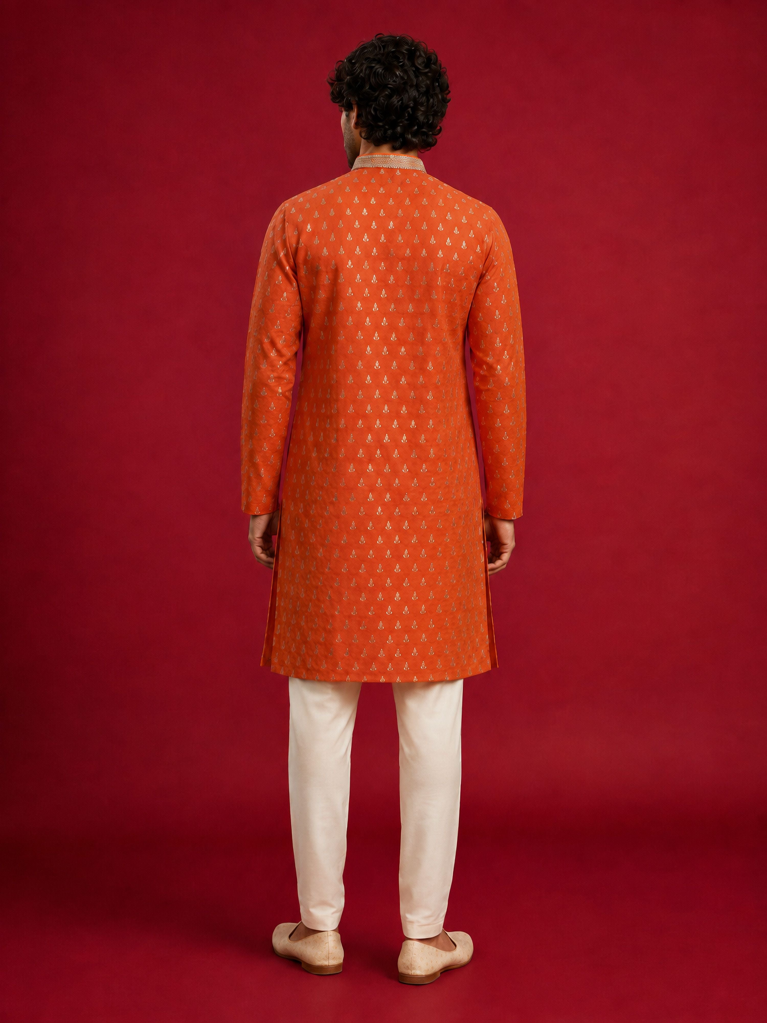 Men's Orange Viscose Self Design Knee Length Kurta with Pyjama