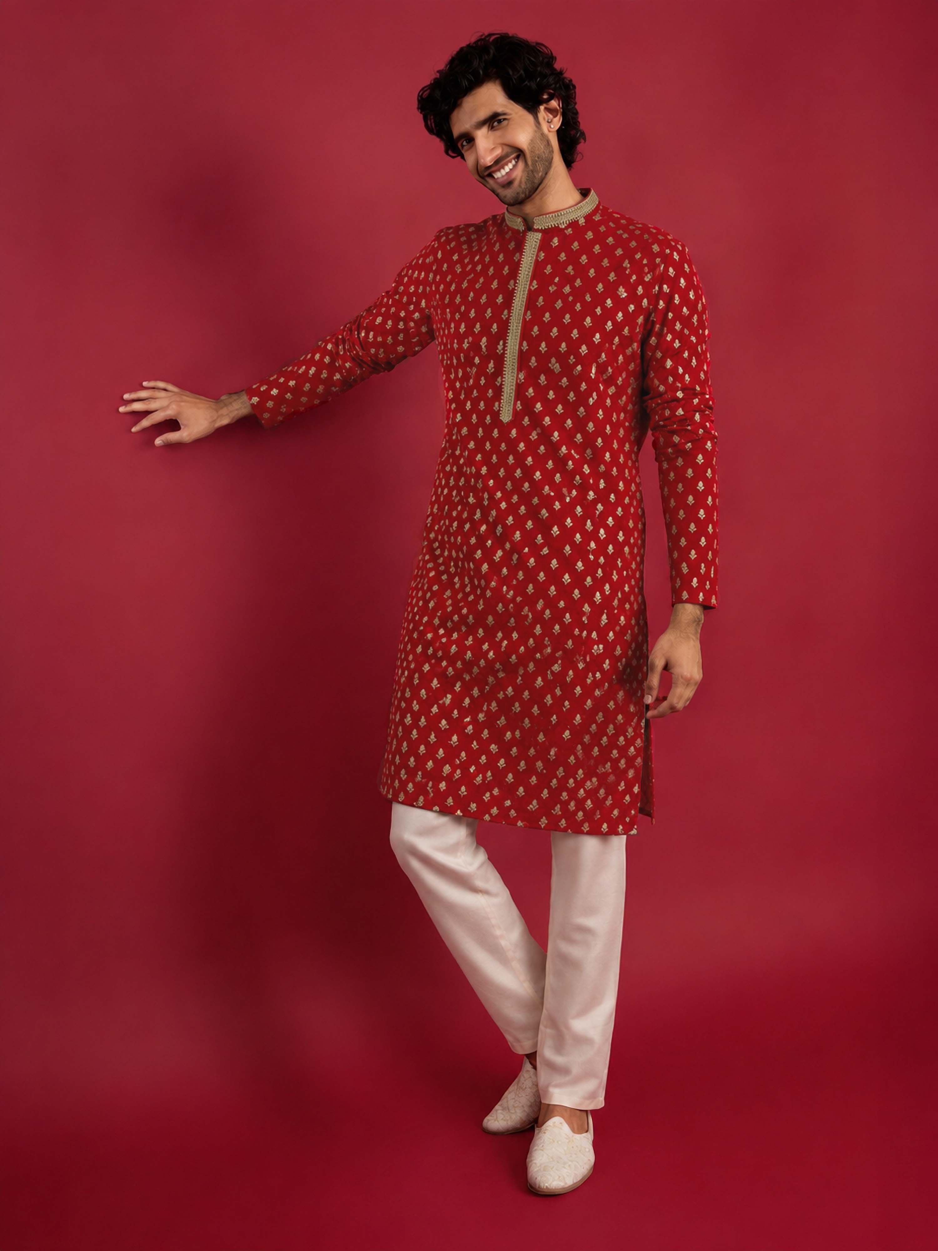 Men's Red Viscose Self Design Knee Length Kurta with Pyjama