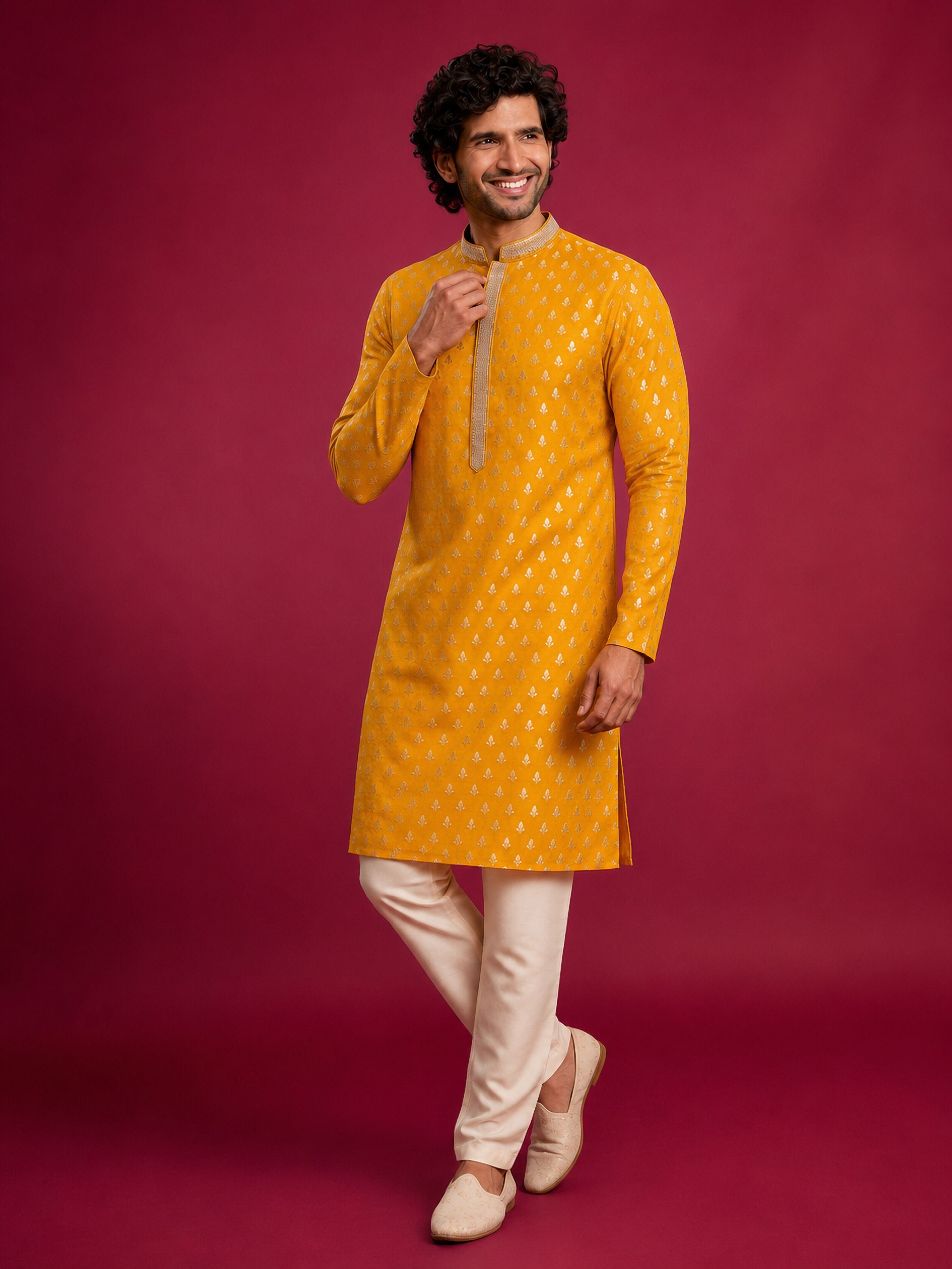 Men Yellow Viscose Kurta with Pyjama Navratri, Diwali, Wedding, Festive, Festive Glitz, Durga Puja Ethnic Wear