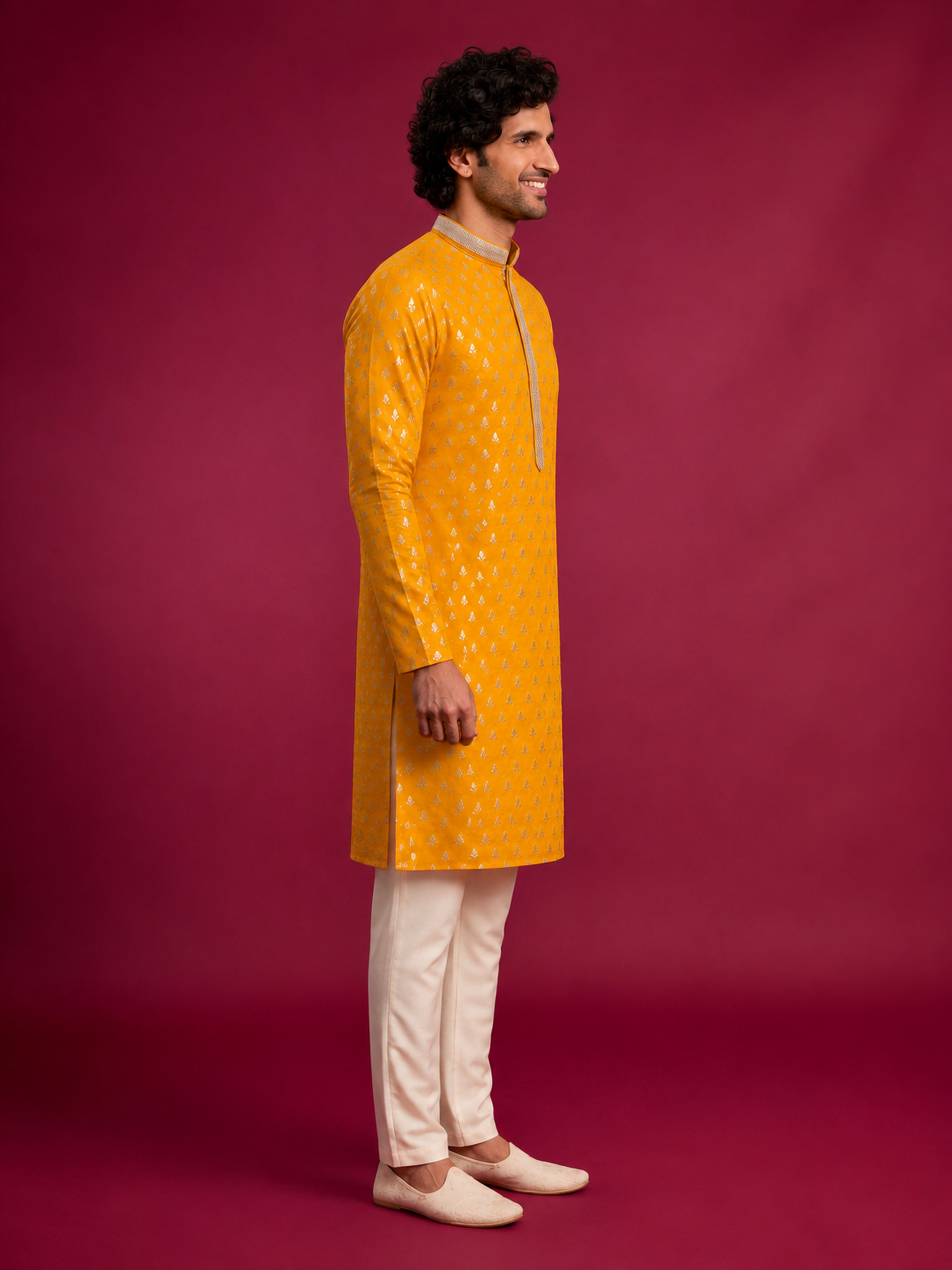 Men's Yellow Viscose Self Design Knee Length Kurta with Pyjama