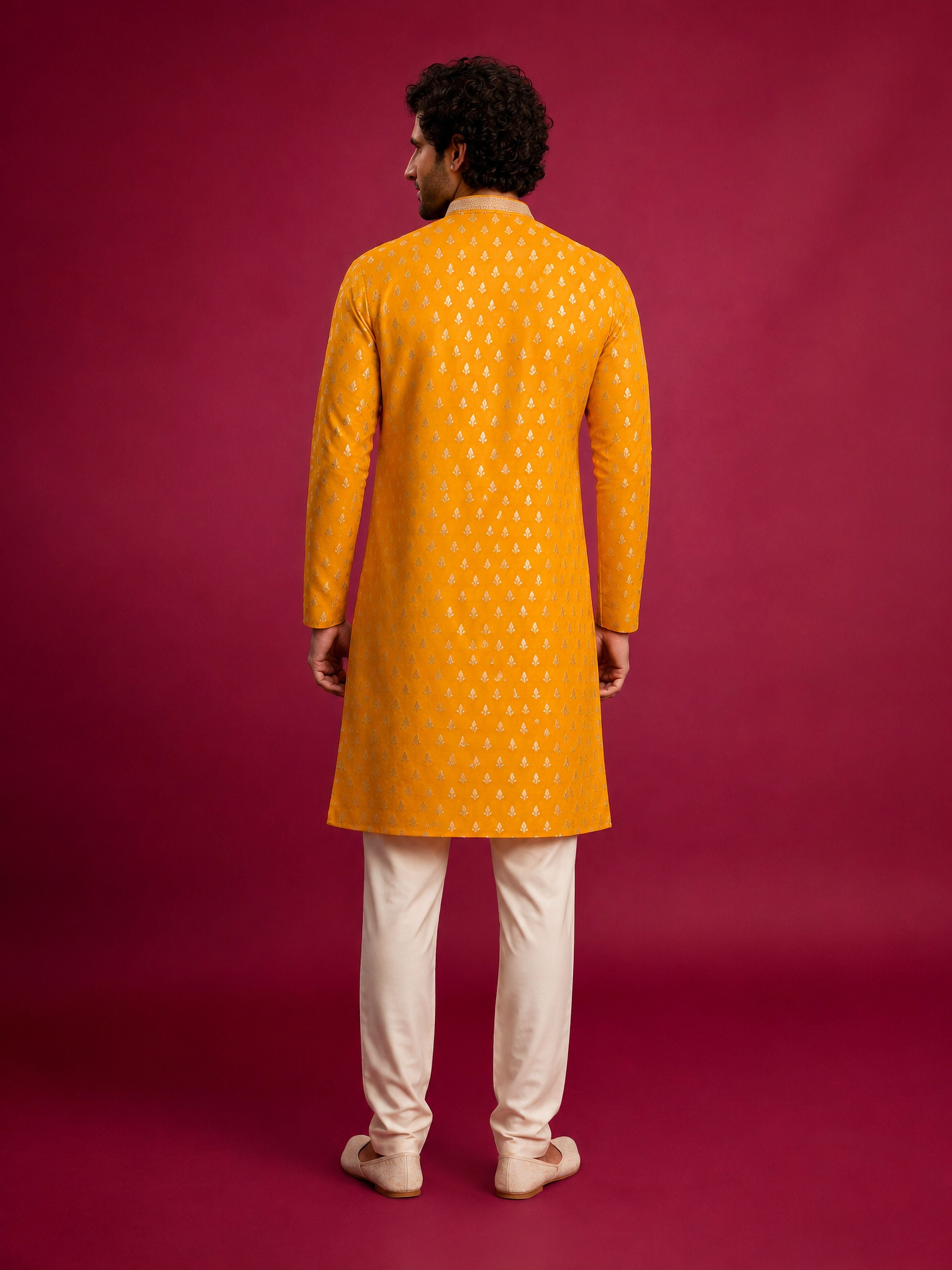 Men's Yellow Viscose Self Design Knee Length Kurta with Pyjama