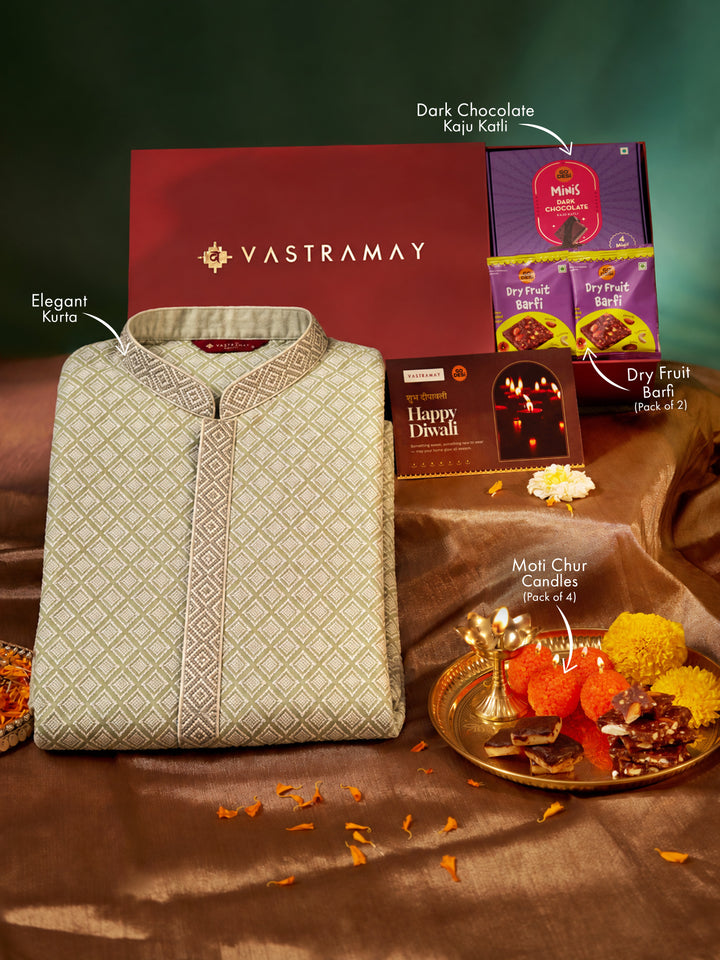Vastramay Mint Green Embroidered Faux Georgette Kurta | Diwali Gift Box with Go Desi Mithai &amp; 4 Laddoo Candles