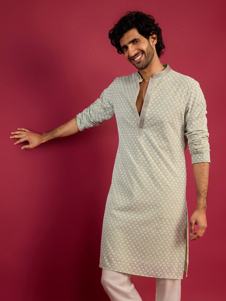 Vastramay Mint Green Embroidered Faux Georgette Kurta | Diwali Gift Box with Go Desi Mithai &amp; 4 Laddoo Candles