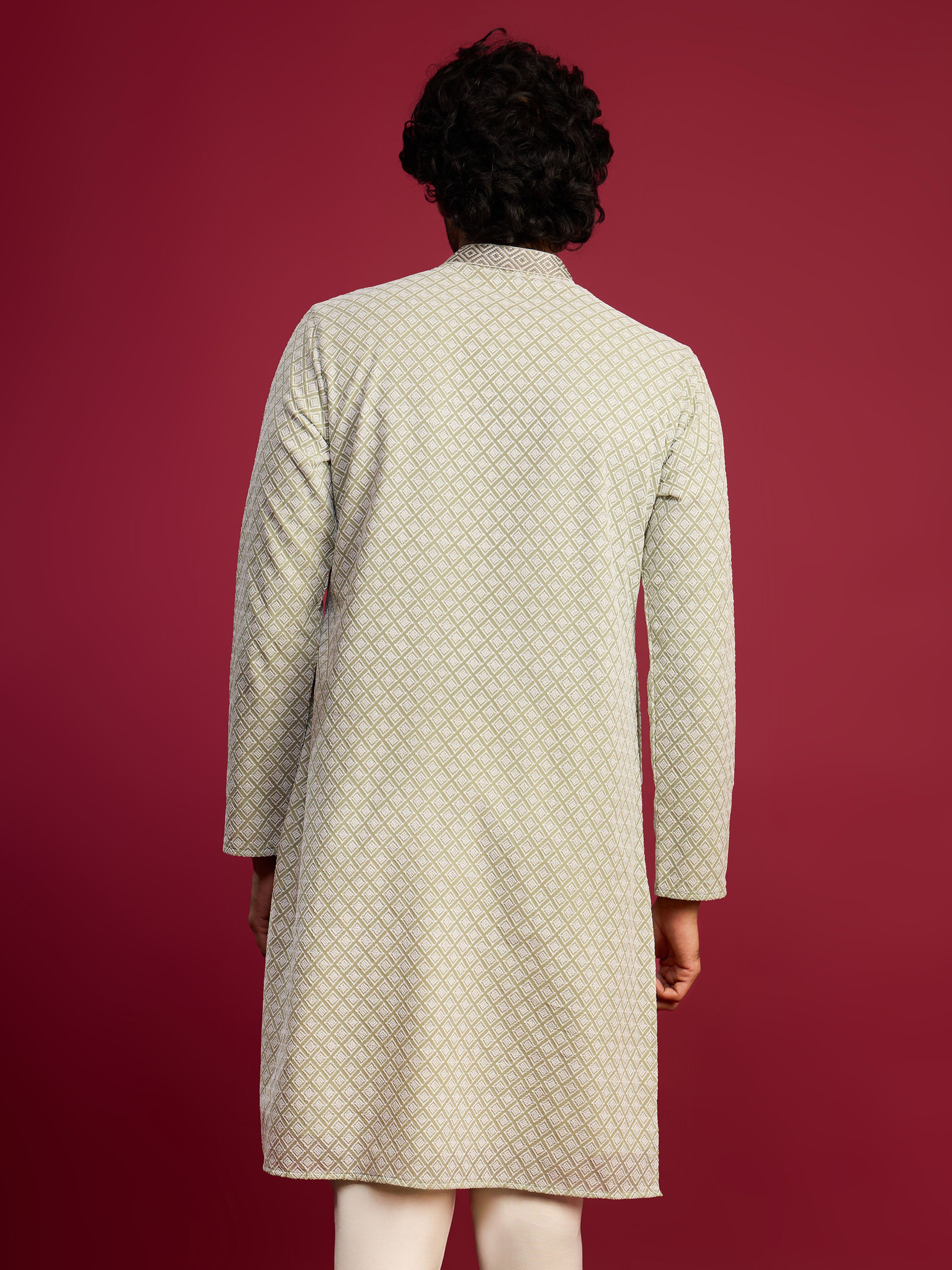 Men's Mint Green Thread Embroidered Faux Georgette Long Kurta