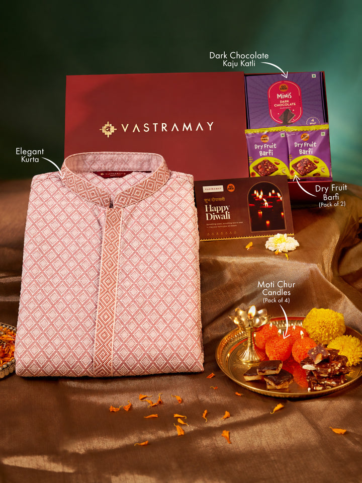 Vastramay Pink Embroidered Faux Georgette Kurta | Diwali Gift Box with Go Desi Mithai &amp; 4 Laddoo Candles