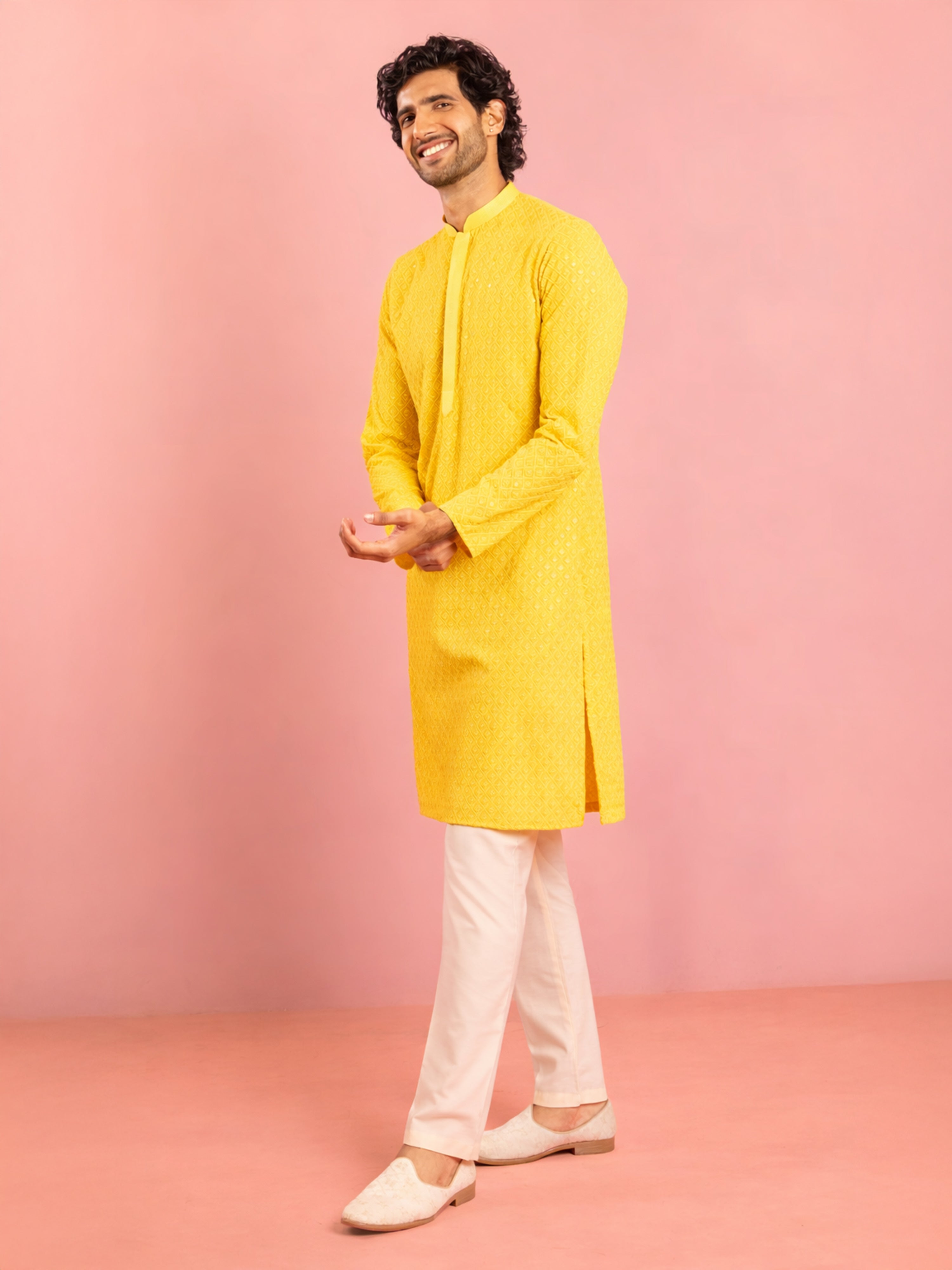 Men's Yellow Georgette Chikankari Embroidered Kurta with Cream Pyjama Set