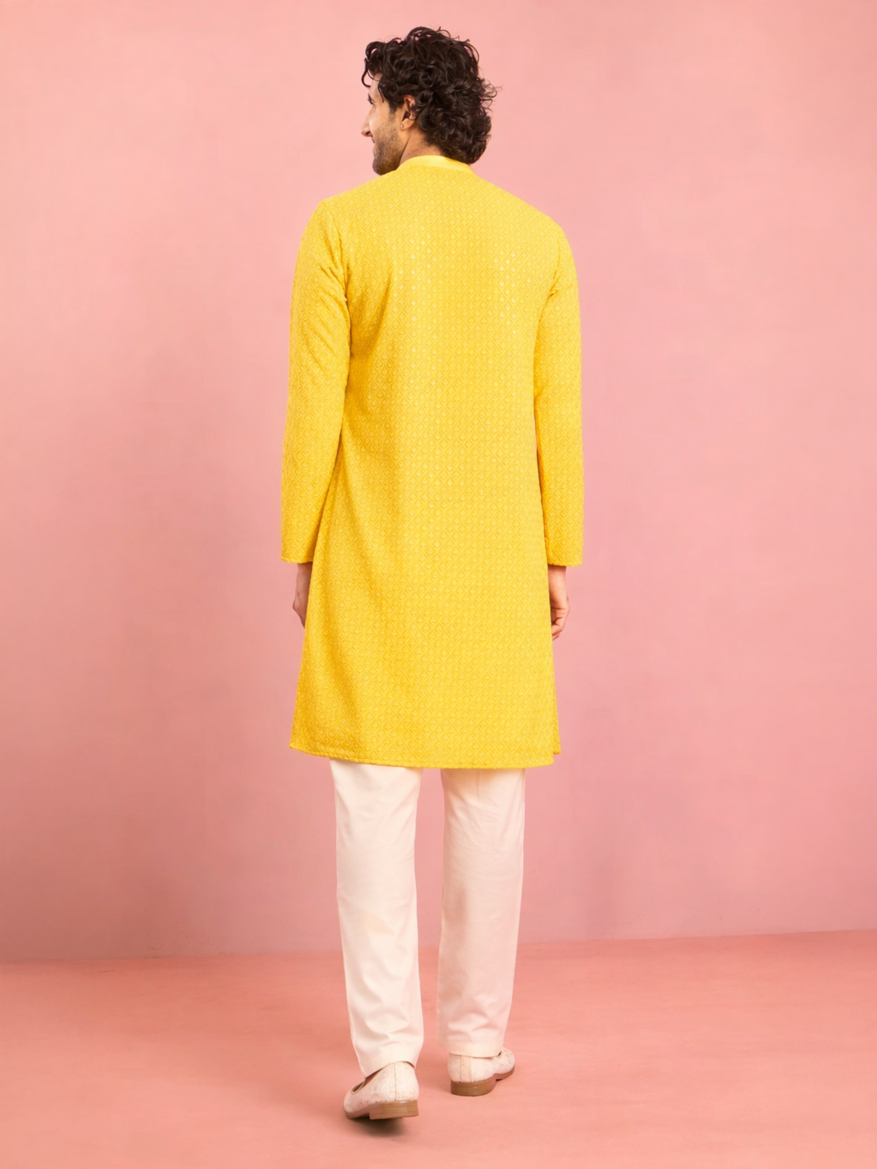 Men's Yellow Georgette Chikankari Embroidered Kurta with Cream Pyjama Set