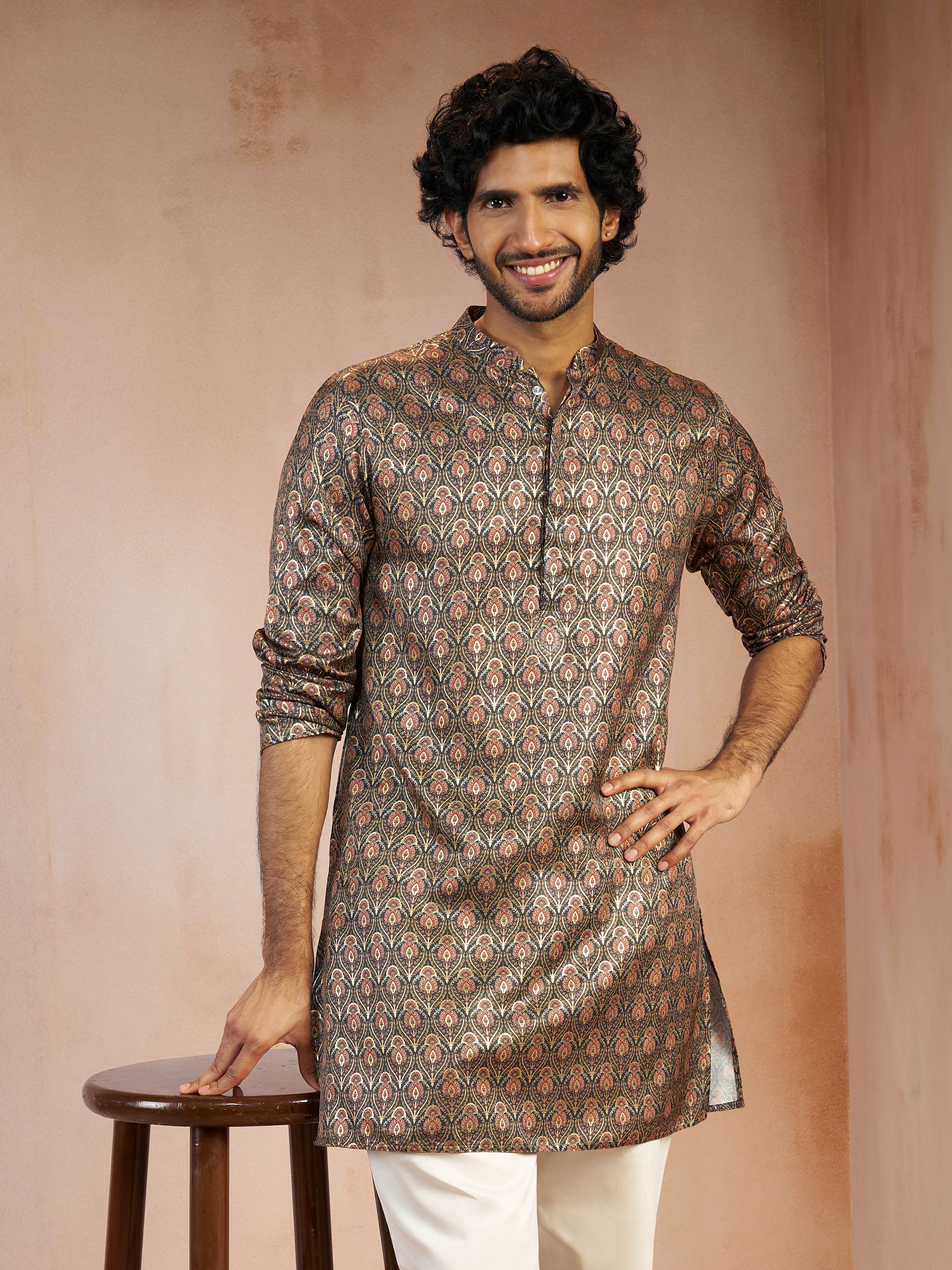 Men's Green Foil Print Ethnic Motif Silk Blend Straight Kurta