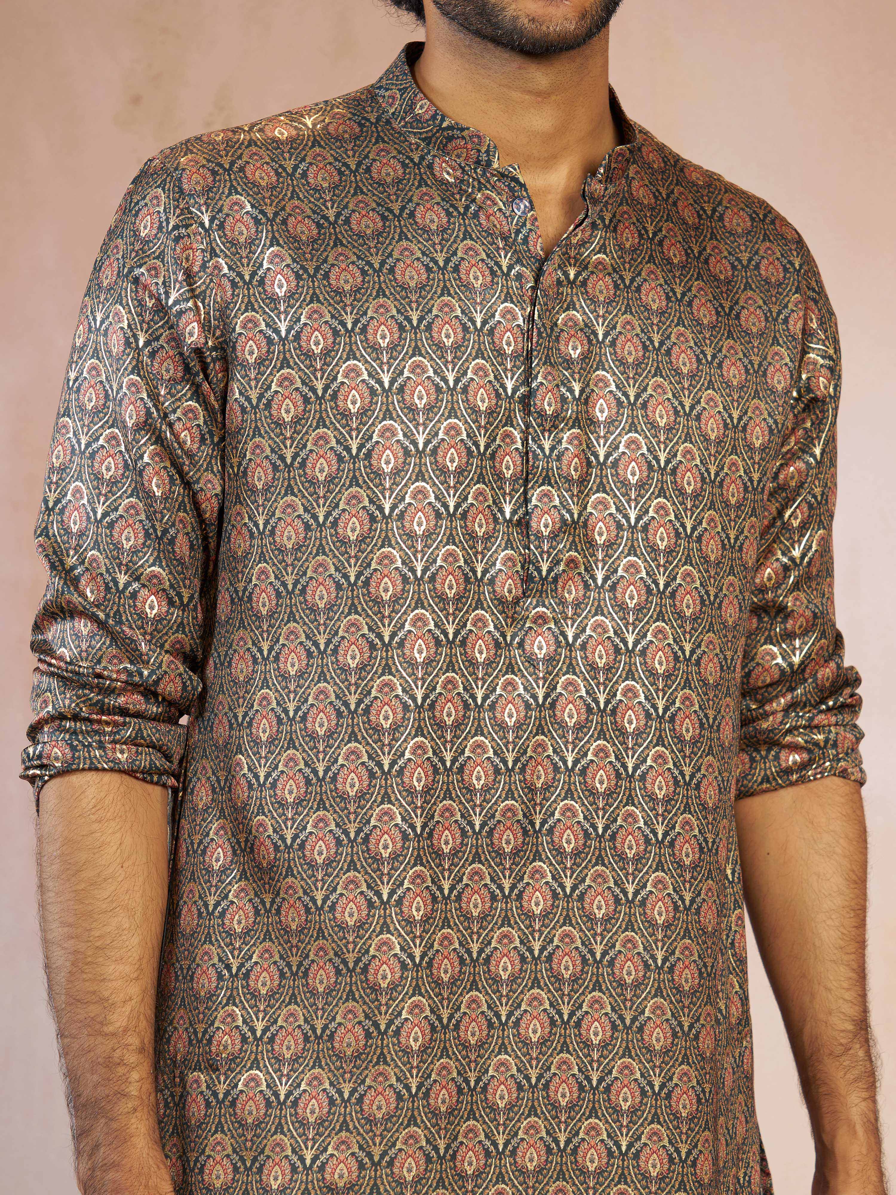 Men's Green Foil Print Ethnic Motif Silk Blend Straight Kurta