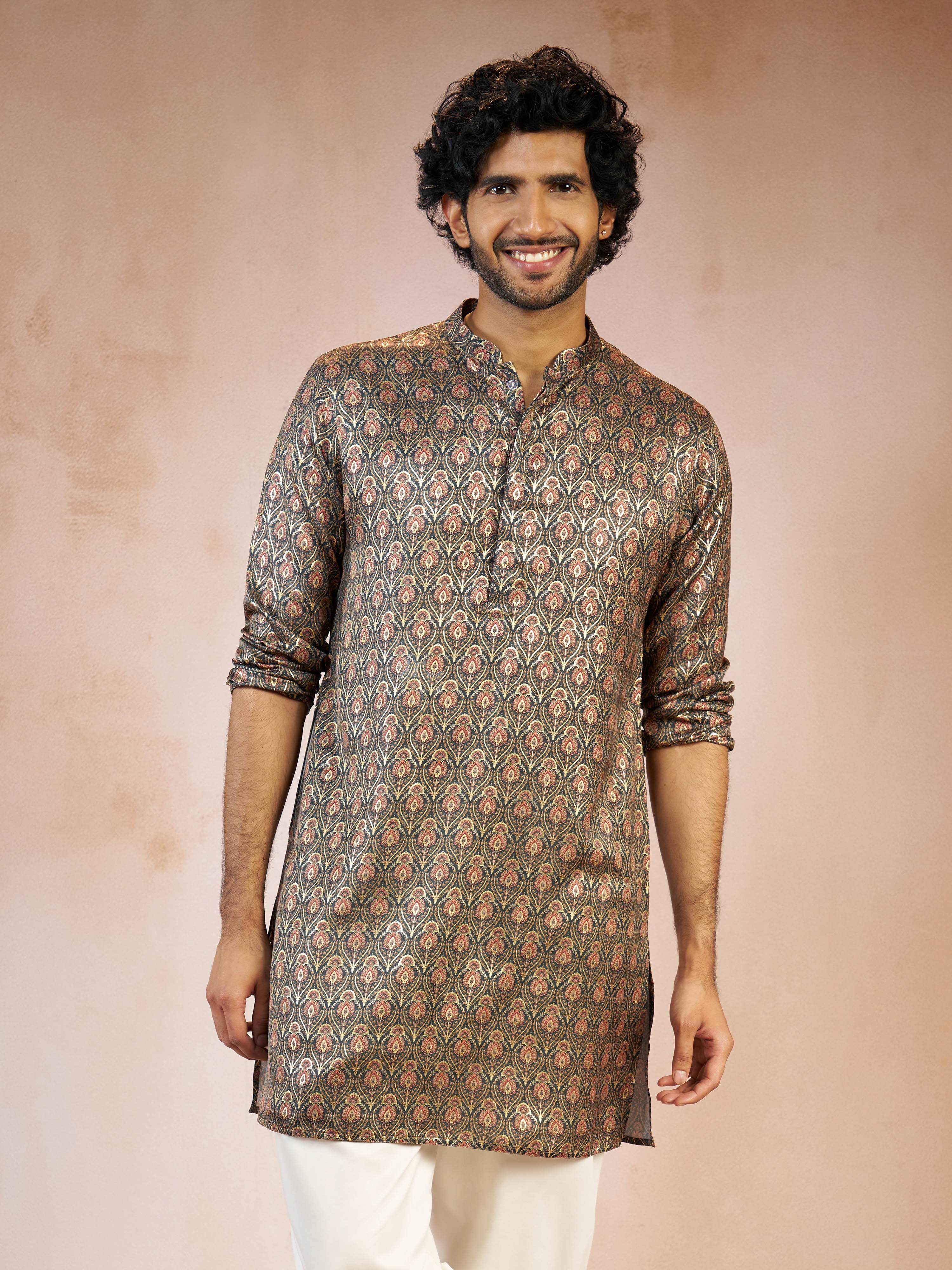 Men's Green Foil Print Ethnic Motif Silk Blend Straight Kurta