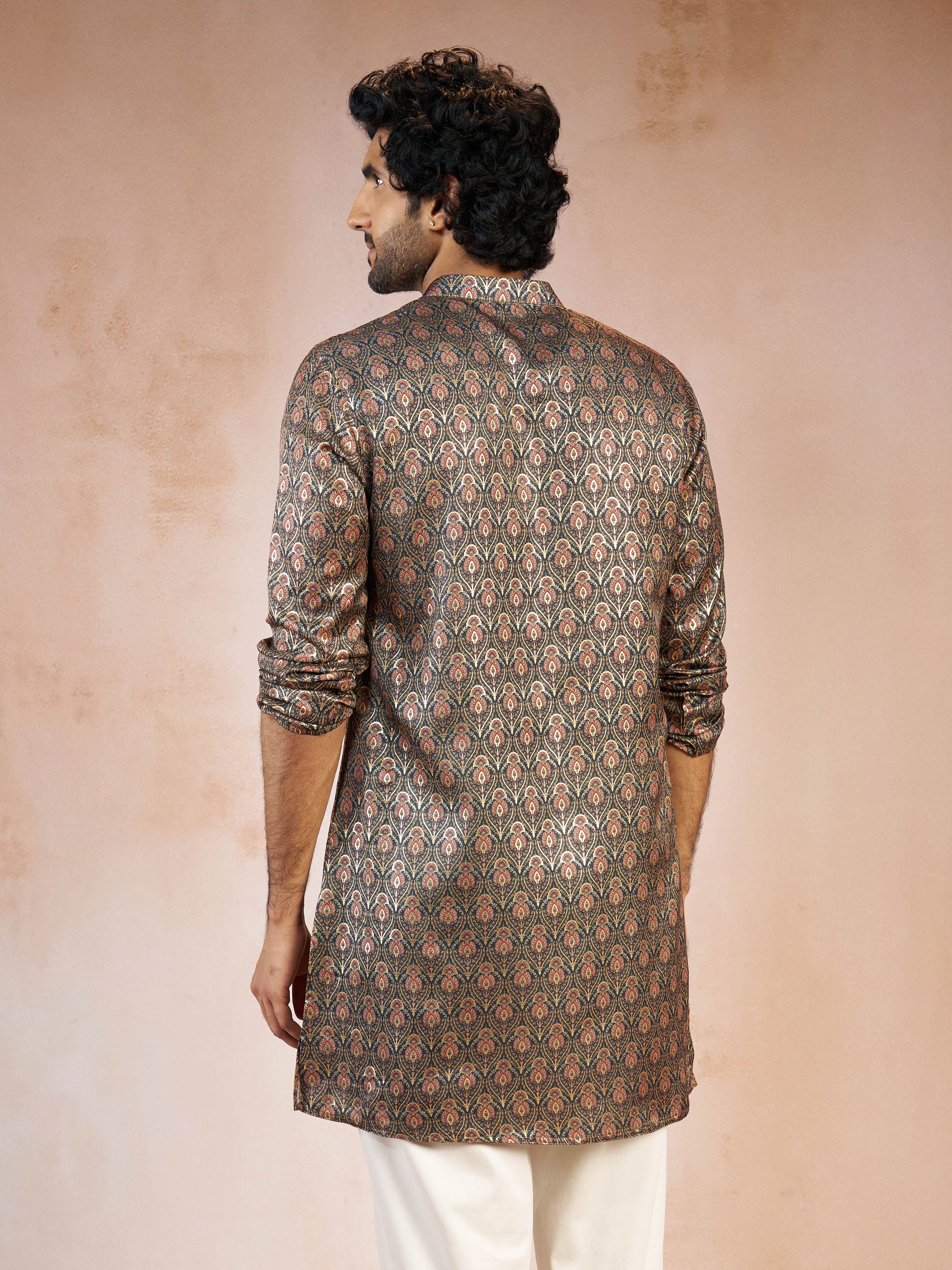 Men's Green Foil Print Ethnic Motif Silk Blend Straight Kurta