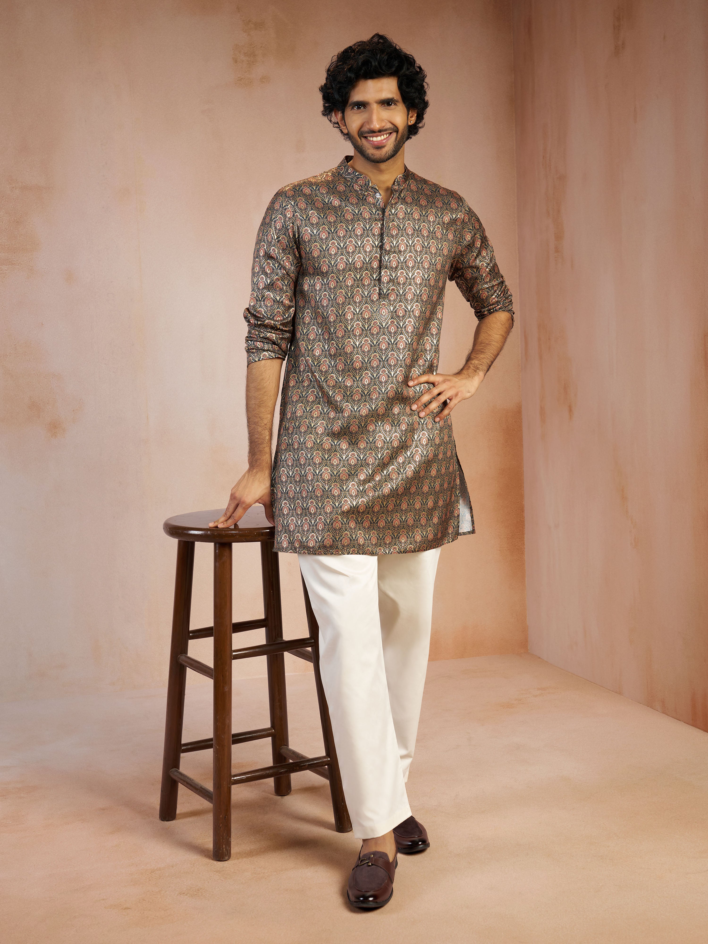 Men's Green Foil Print Ethnic Motif Silk Blend Straight Kurta