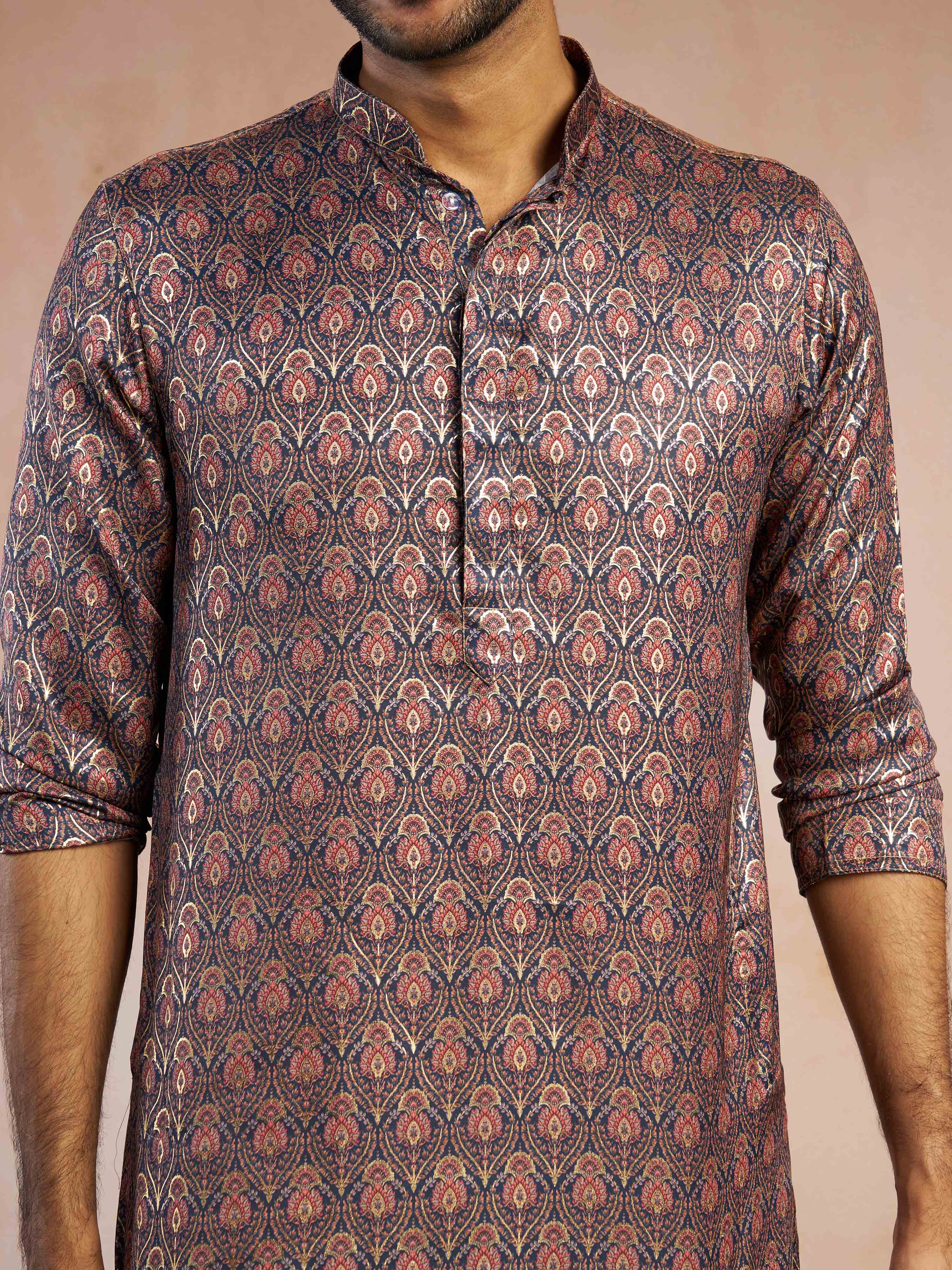 Men's Navy Blue Foil Print Ethnic Motif Silk Blend Straight Kurta
