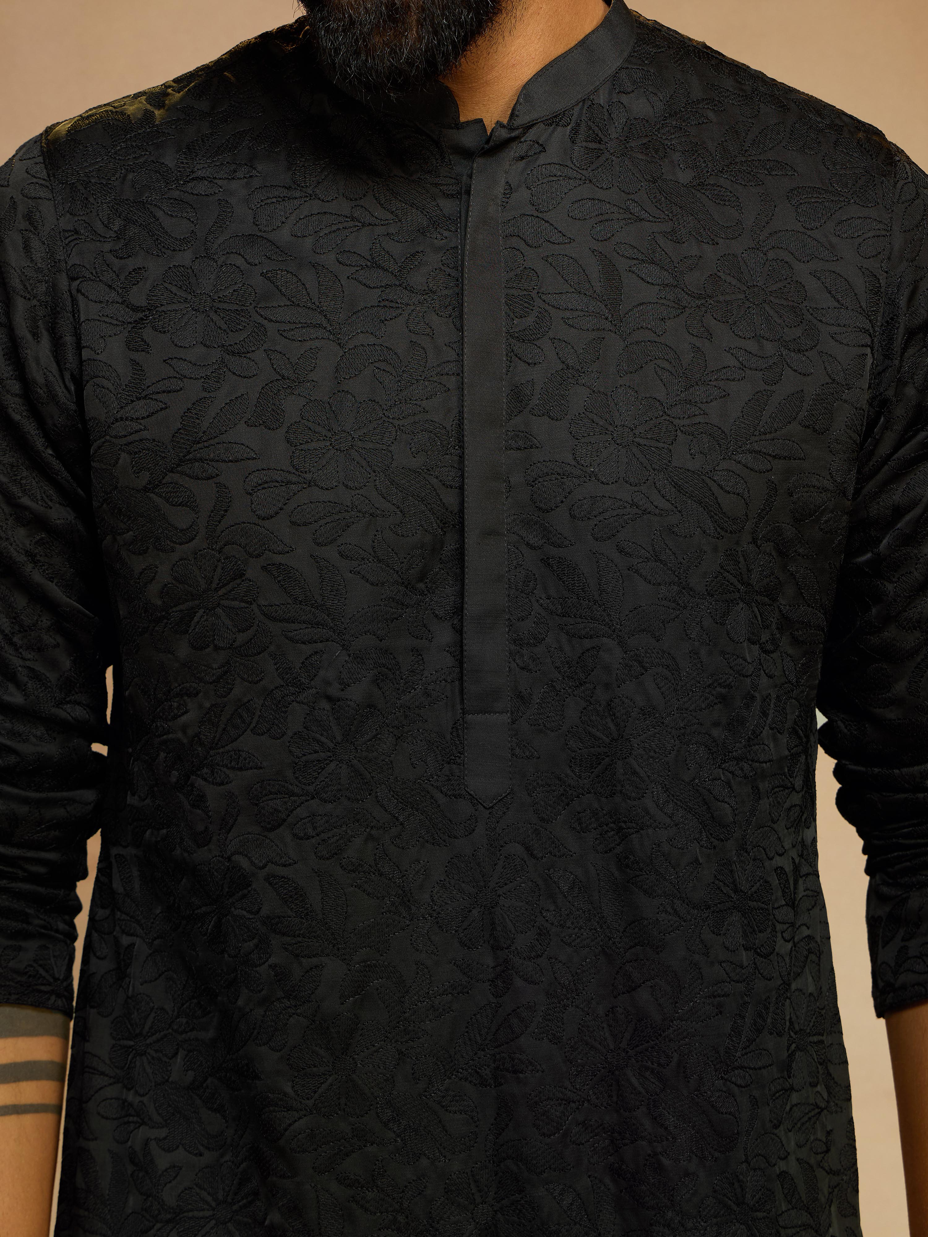 Men's Black Silk Thread Embroidered Floral Full Sleeve Long Kurta