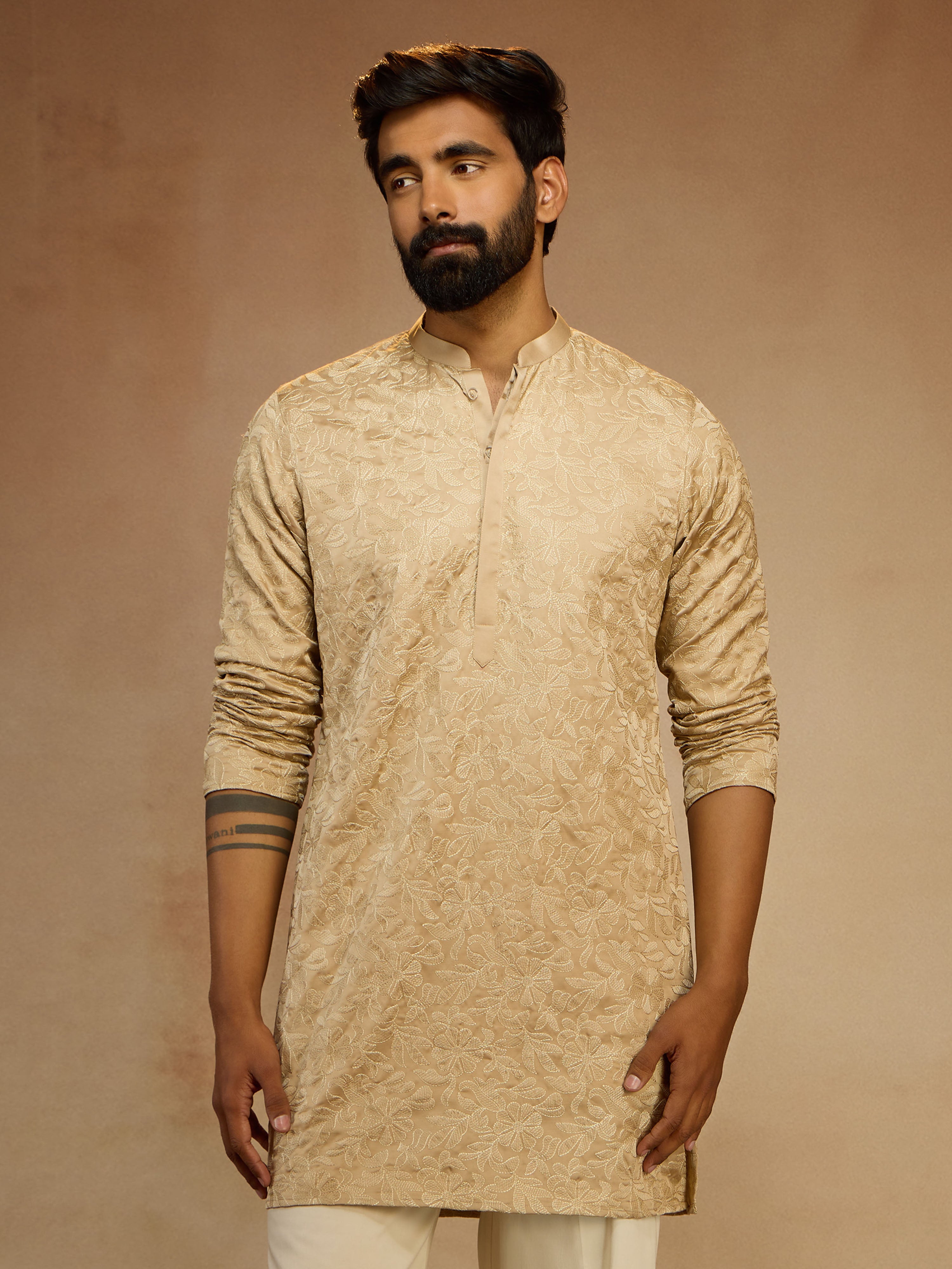 Beige Silk Blend Jacquard Kurta with Floral Thread Work