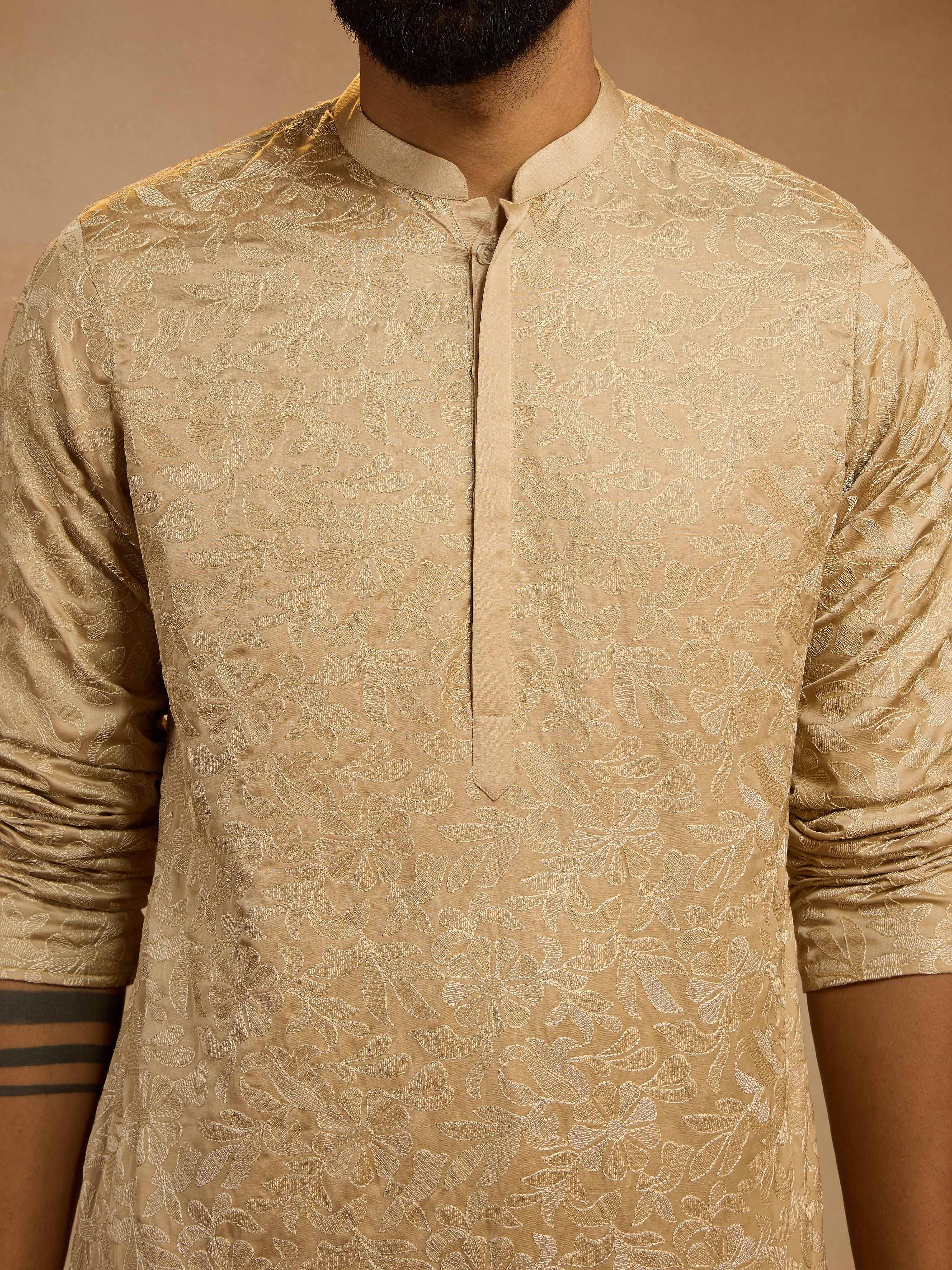 Men's Beige Silk Blend Floral Thigh Length Kurta