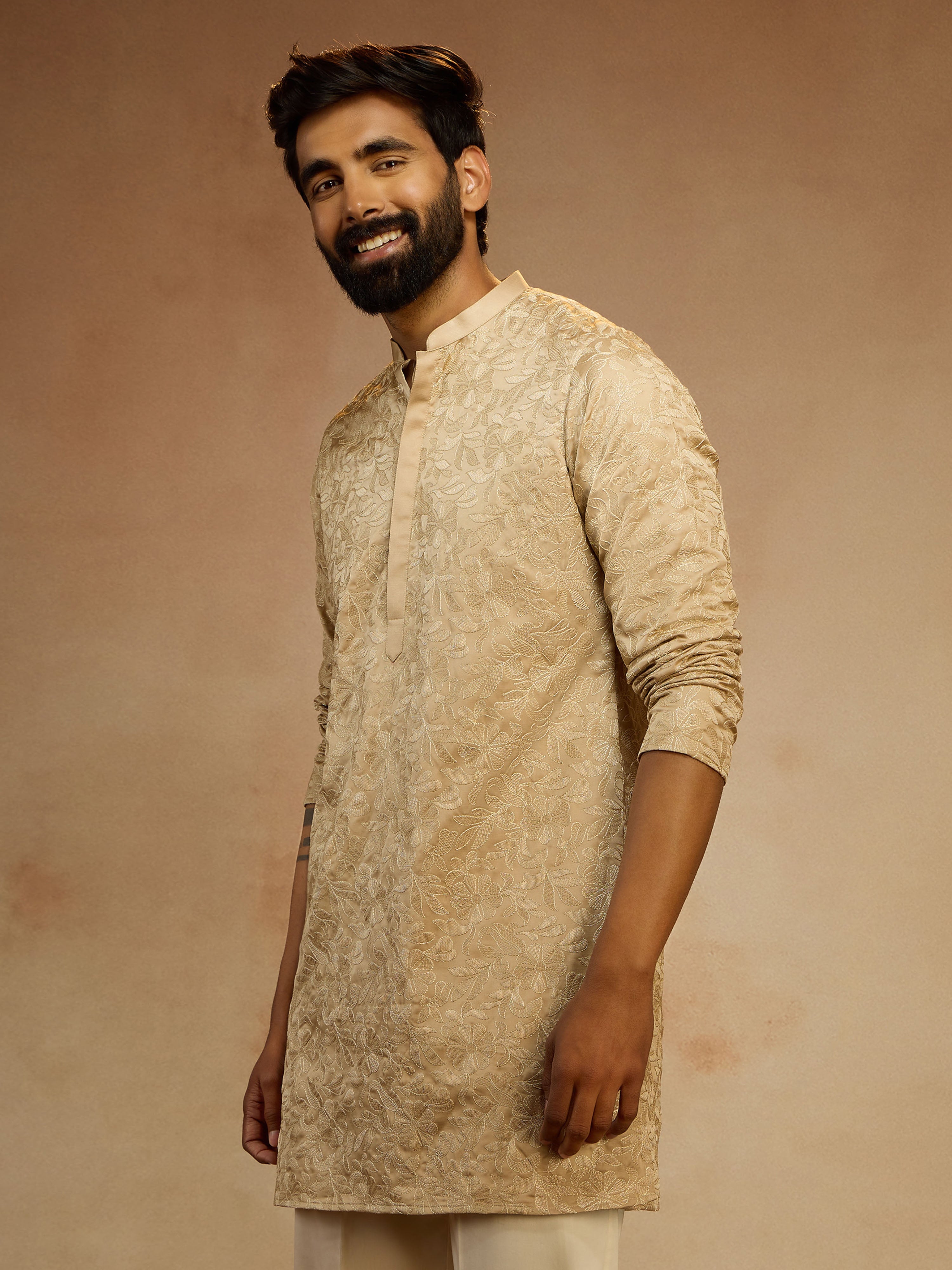 Men's Beige Silk Blend Floral Thigh Length Kurta