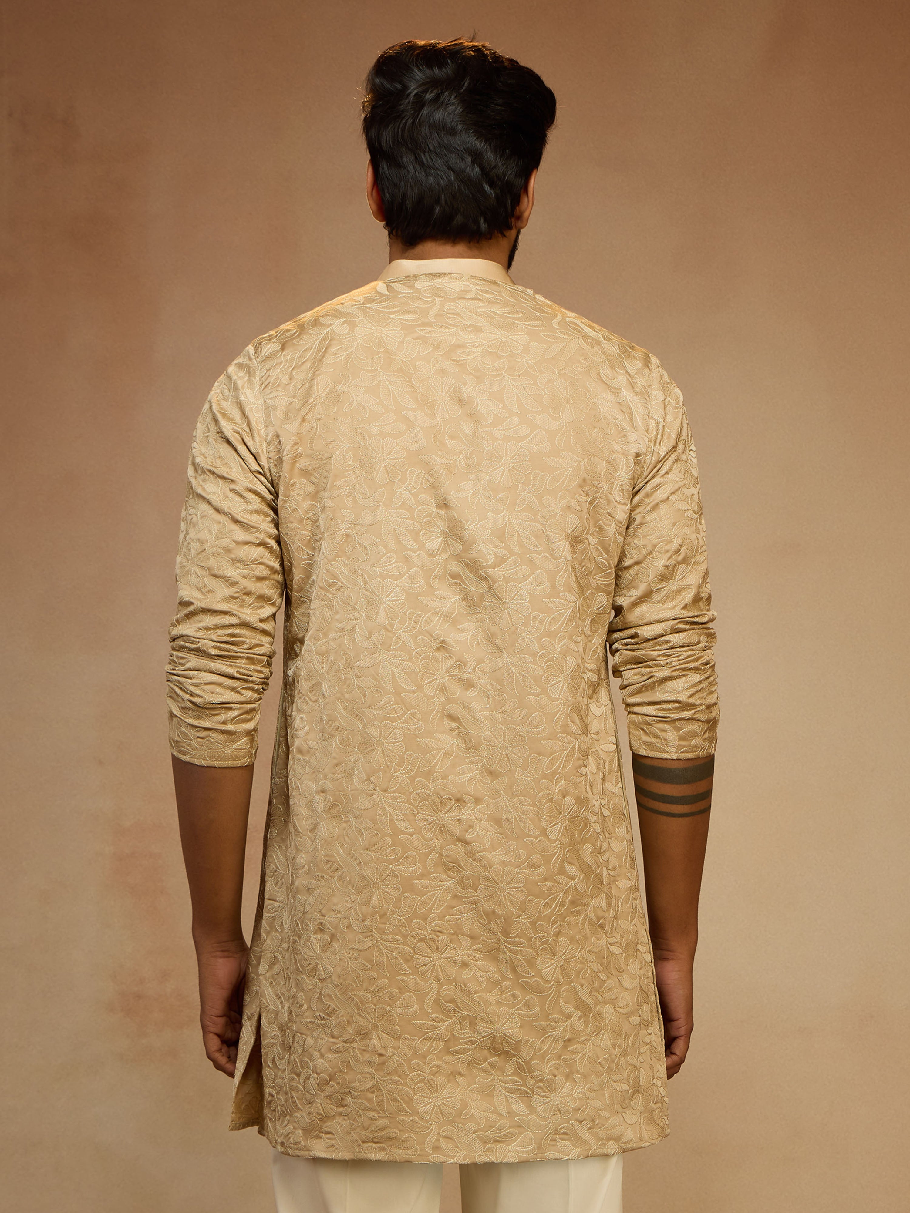Men's Beige Silk Blend Floral Thigh Length Kurta