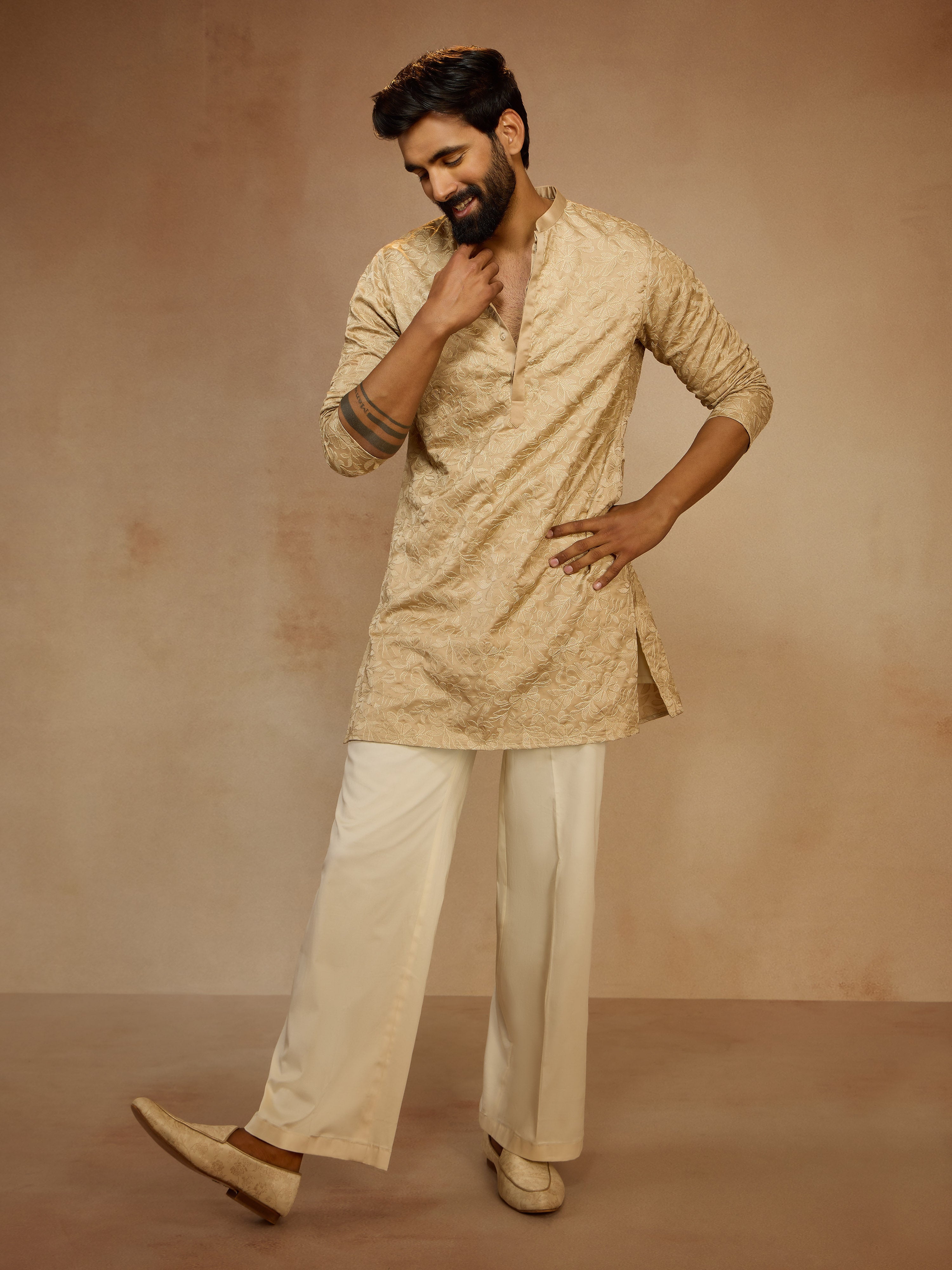 Men's Beige Silk Blend Floral Thigh Length Kurta