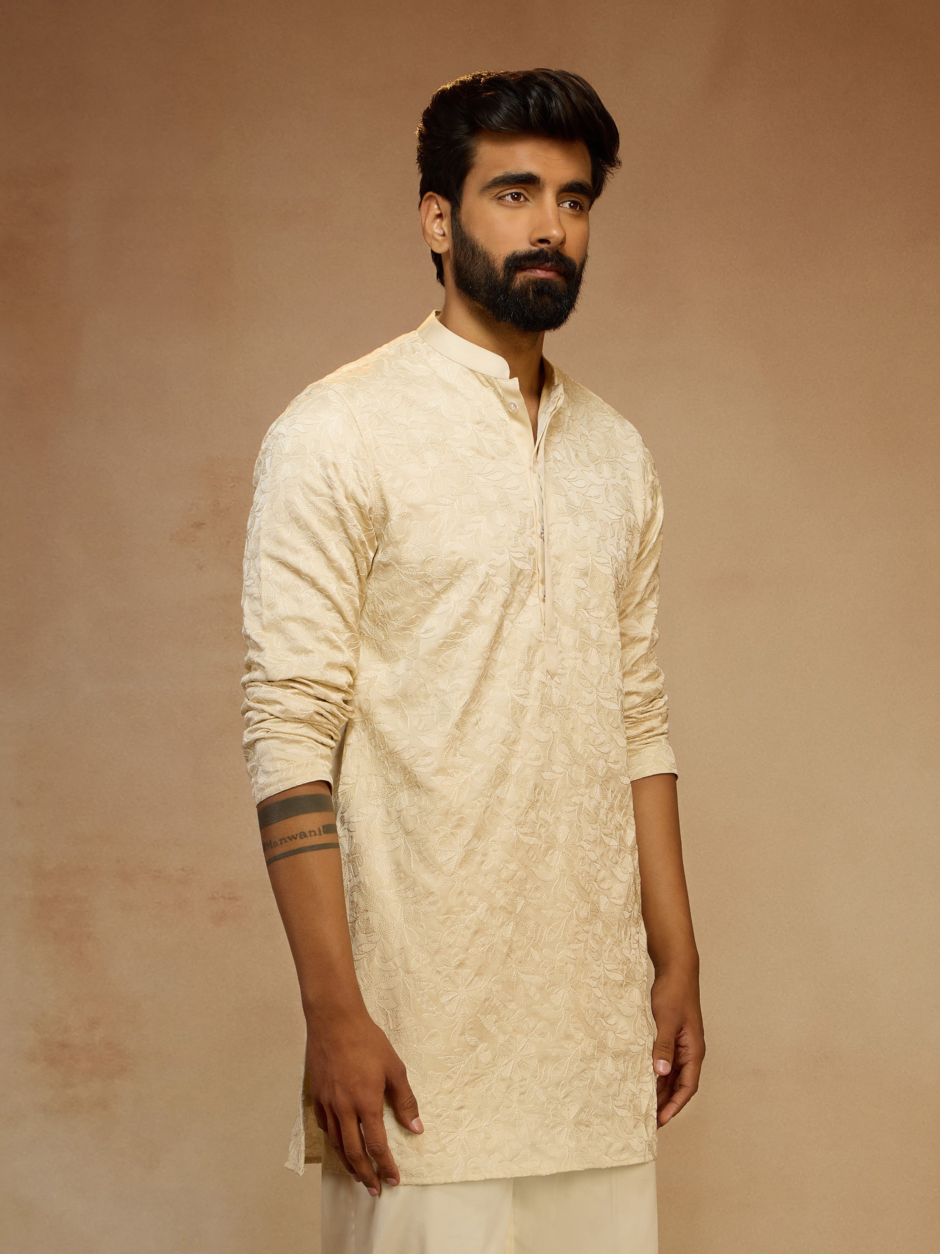 Men's Beige Silk Blend Floral Thigh Length Kurta