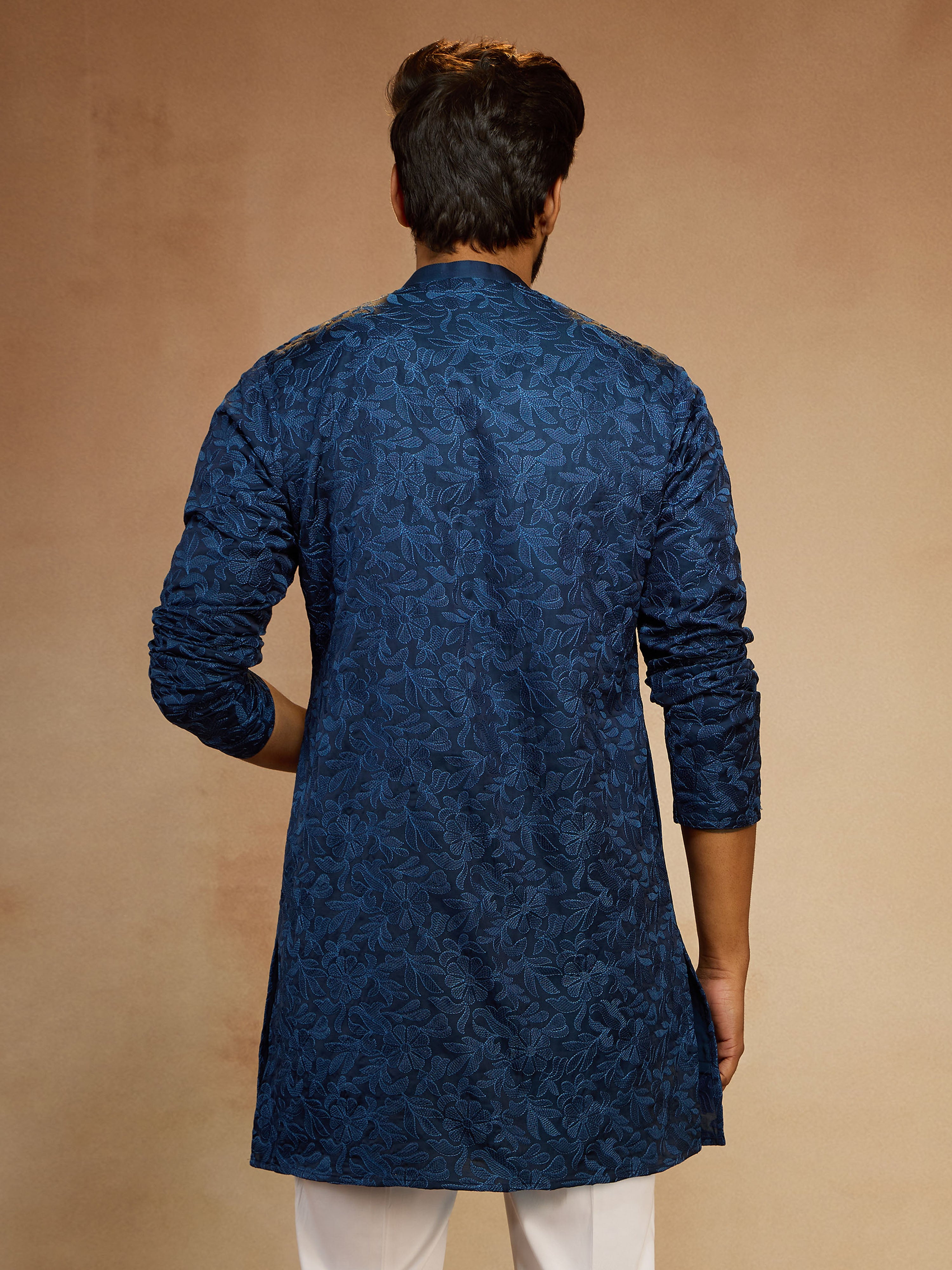 Men's Navy Blue Silk Blend Floral Thigh Length Kurta