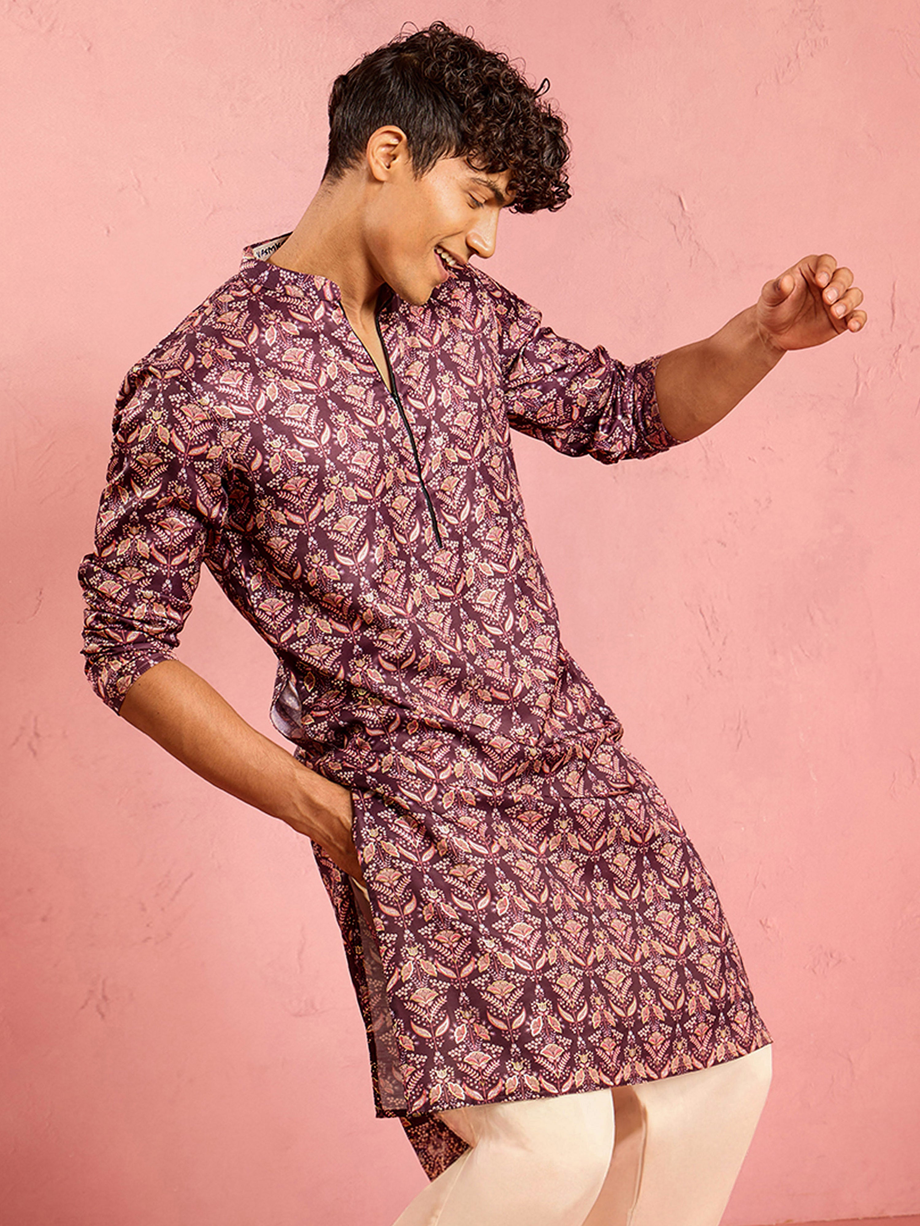 Men's Purple Floral Print Silk Blend Festive Kurta
