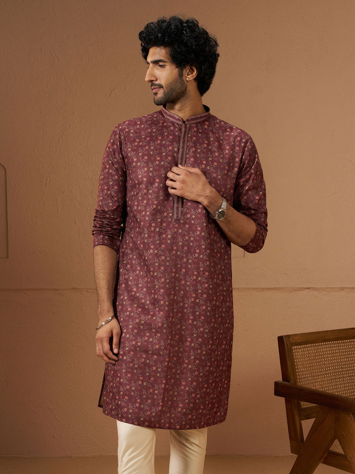Men Maroon Cotton Blend Kurta Festive, Diwali Ethnic Wear