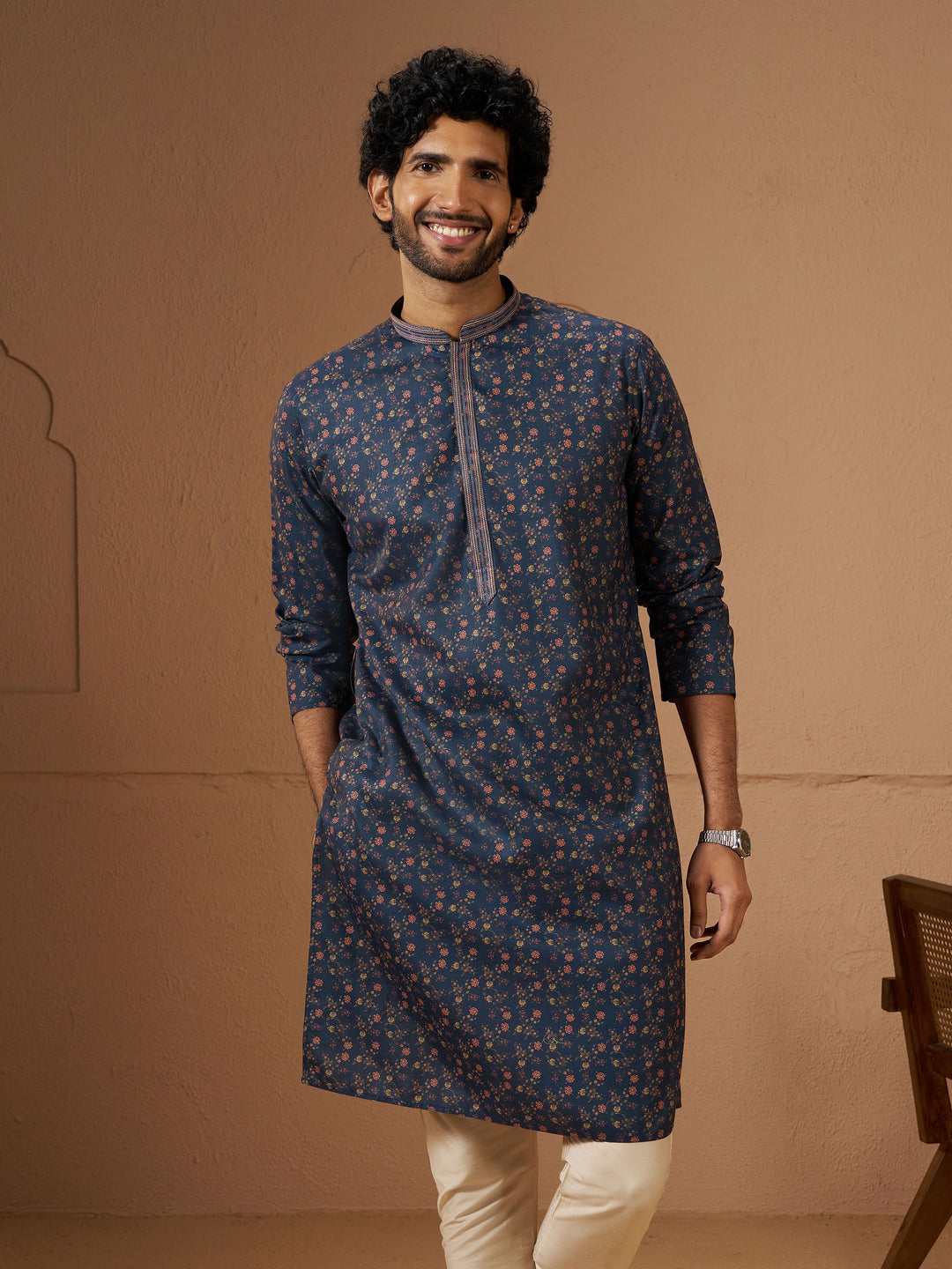 Men Navy Blue Cotton Blend Kurta Wedding, Summer Ease, Summer / Casual, Casual, Navratri Ethnic Wear