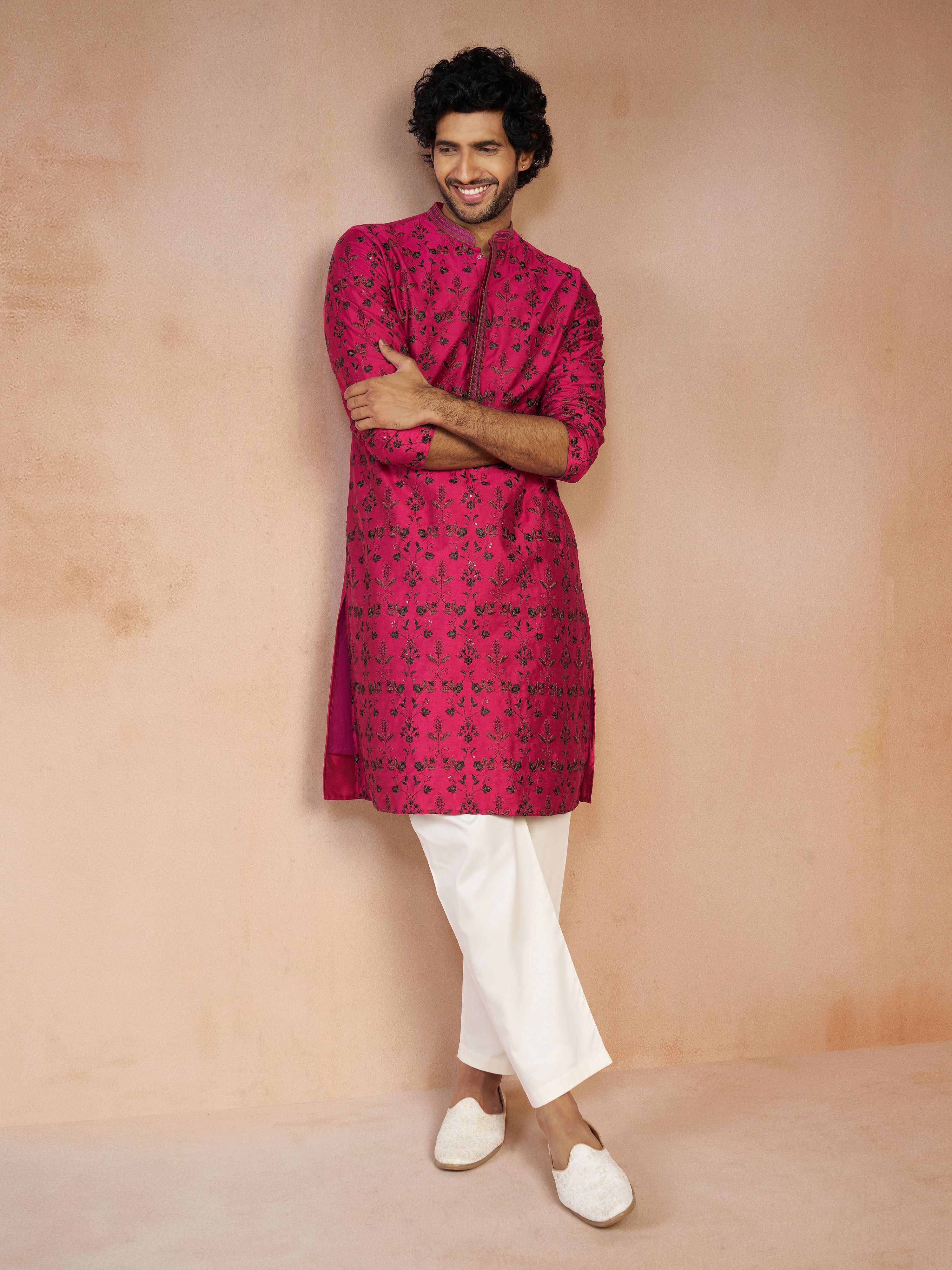 Men Falsa All-Over Floral Thread Embroidered Viscose Silk Kurta with Cream Fine Satin Pyjama Set