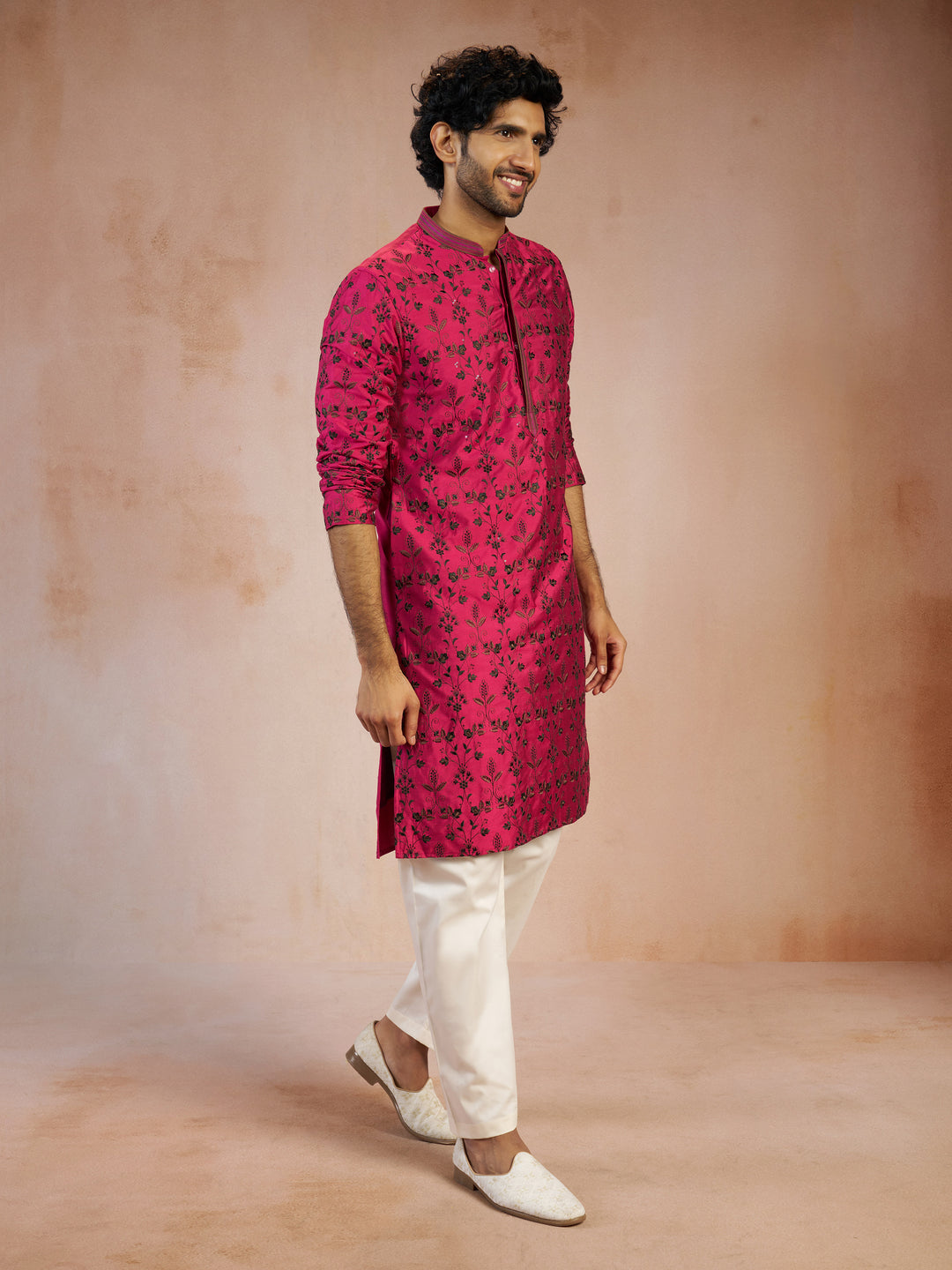 Men Falsa All-Over Floral Thread Embroidered Viscose Silk Kurta with Cream Fine Satin Pyjama Set