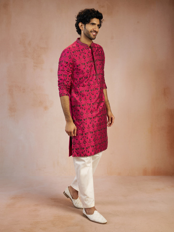 Men Falsa All-Over Floral Thread Embroidered Viscose Silk Kurta with Cream Fine Satin Pyjama Set