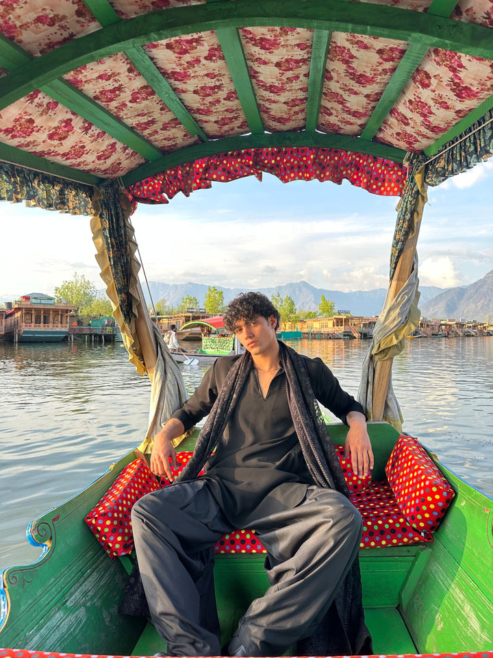 Men Black Imported Suiting Kurta &amp; Patiyala With Dupatta Wedding, Party, Diwali, Navratri, Festive, Festive Glitz, EID Ethnic Wear