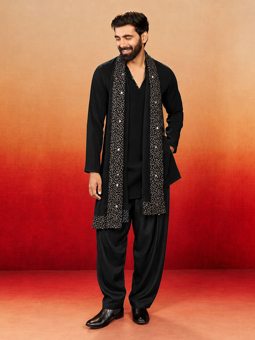 Men Black Imported Suiting Kurta & Patiyala With Dupatta Wedding, Party, Diwali, Navratri, Festive, Festive Glitz, EID Ethnic Wear