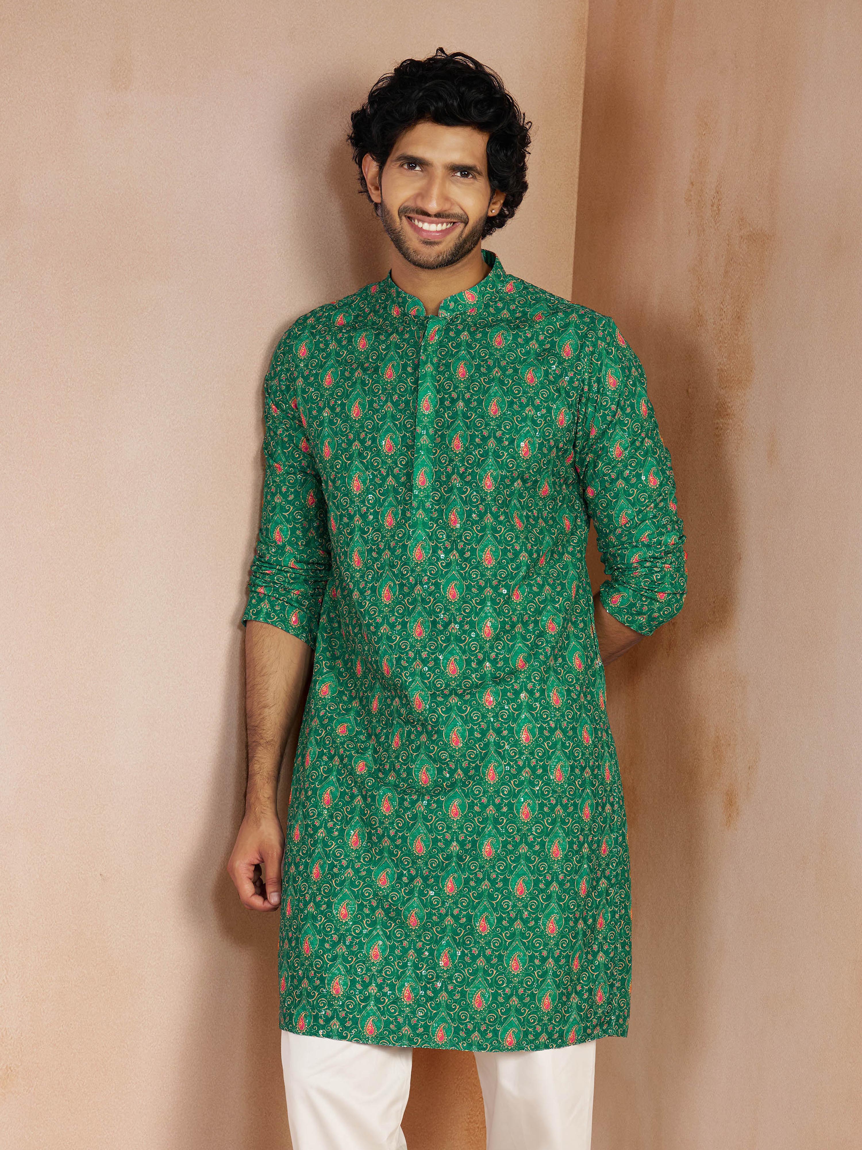 Men's Green Chikankari All-Over Geometric Embroidered Silk Blend Straight Kurta