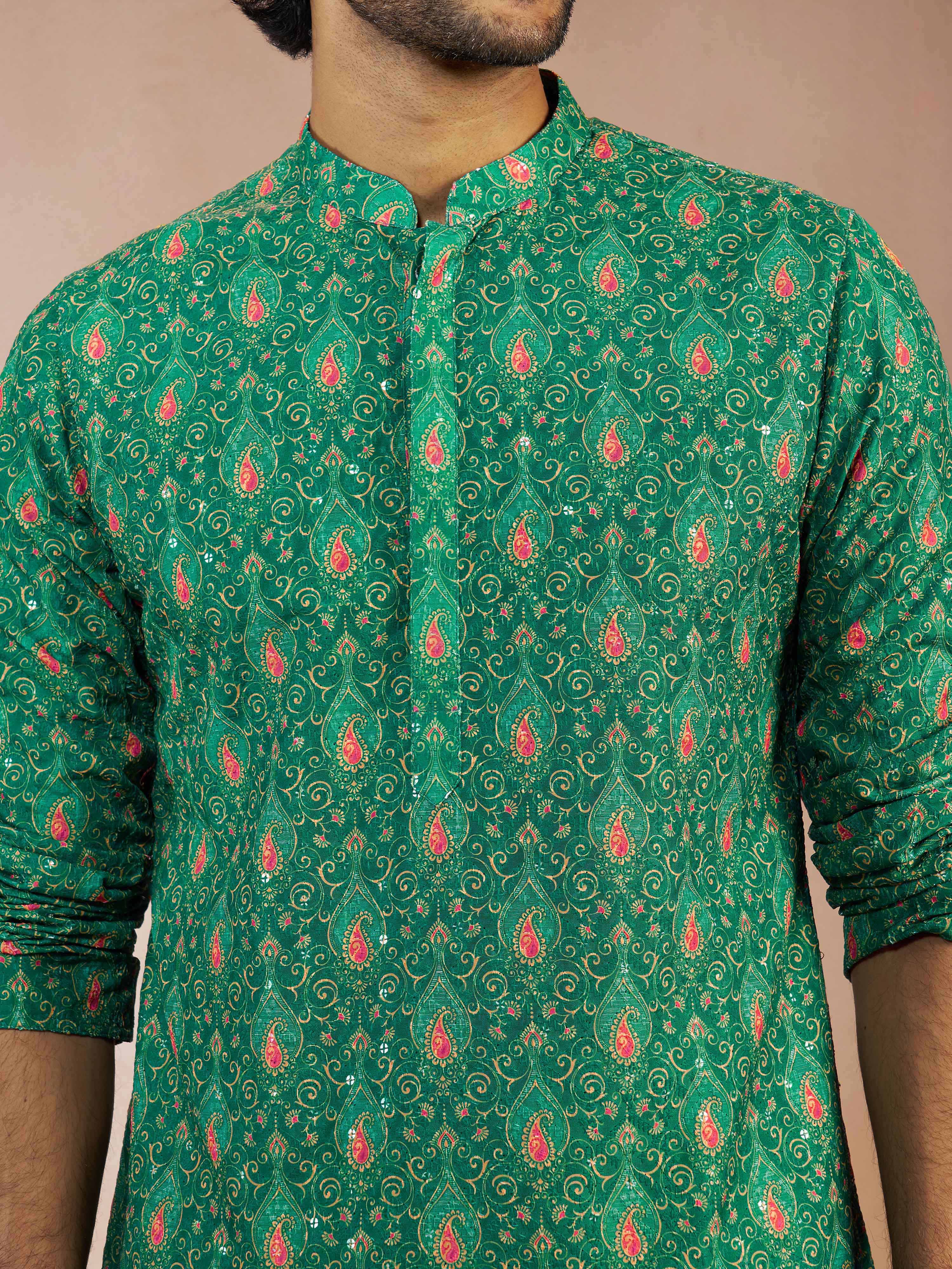 Men's Green Chikankari All-Over Geometric Embroidered Silk Blend Straight Kurta