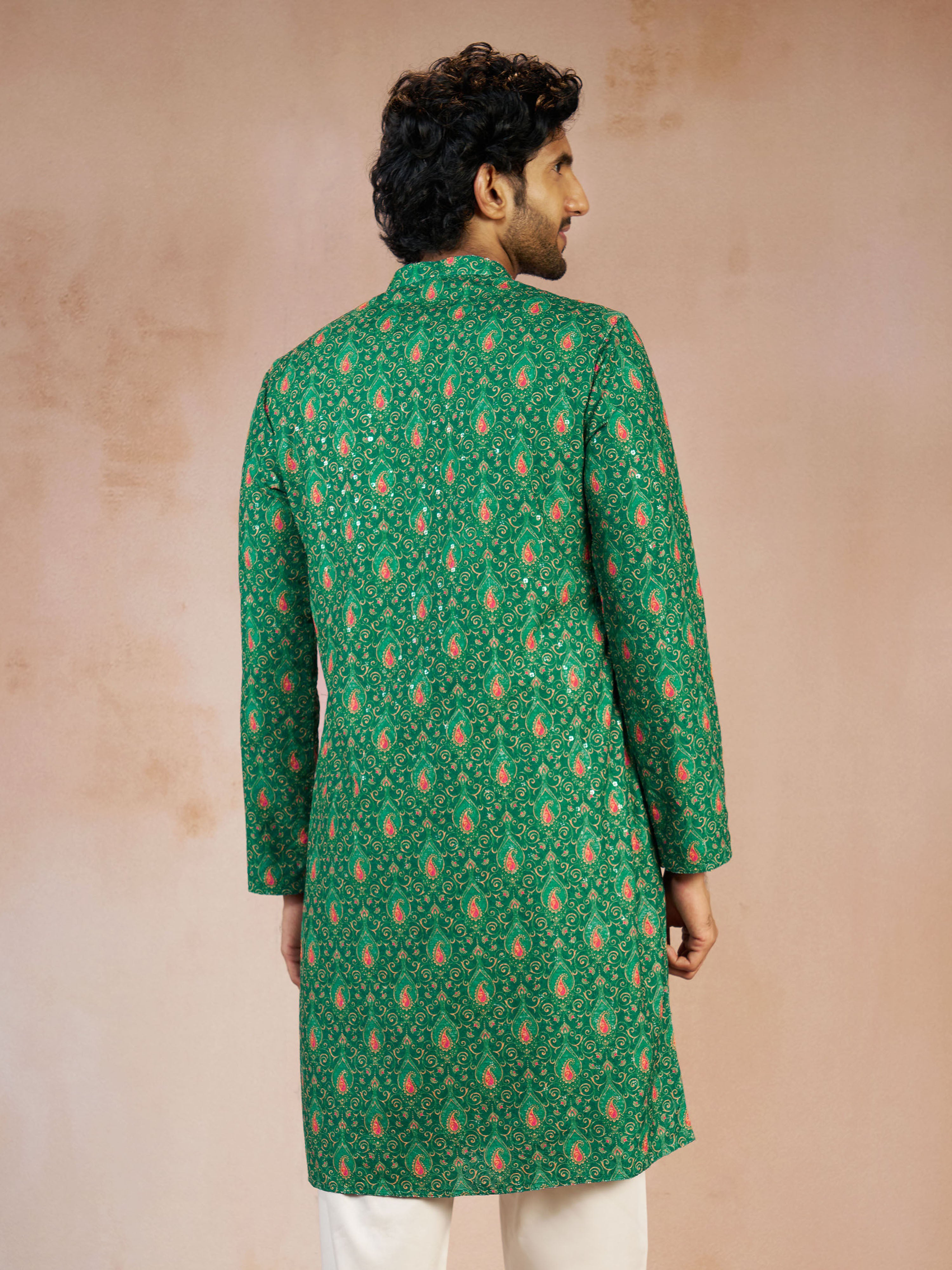 Men's Green Chikankari All-Over Geometric Embroidered Silk Blend Straight Kurta