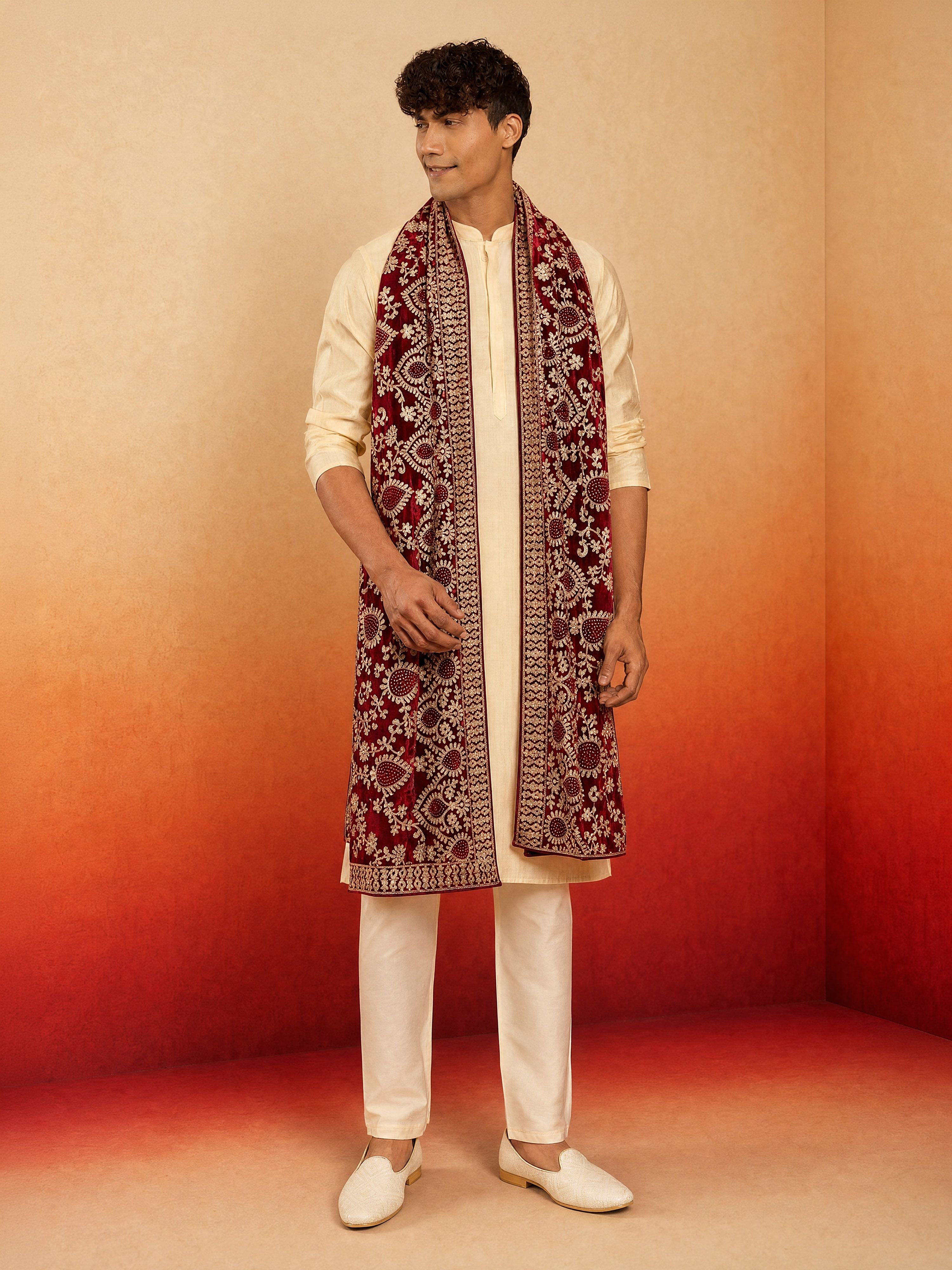 Men's Beige Silk-Blend Solid Knee Length Kurta Pyjama with Dupatta