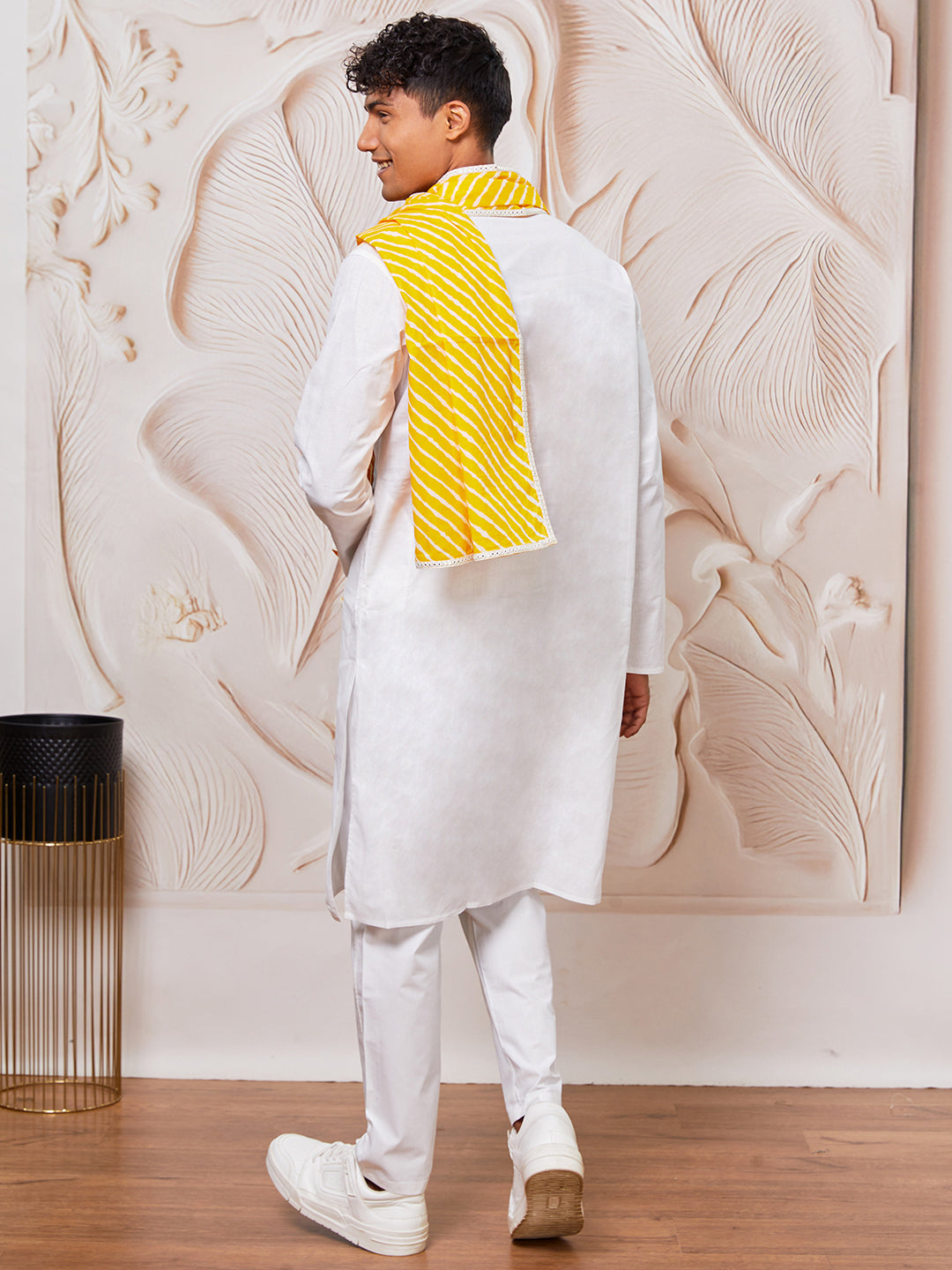 Men's White Cotton  Kurta,Pyjama And Dupatta Set