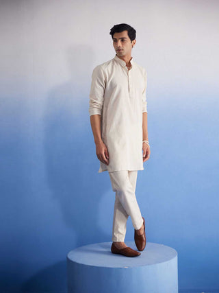 VASTRAMAY Men's Cream Cotton Kurta with Cream Pant Set
