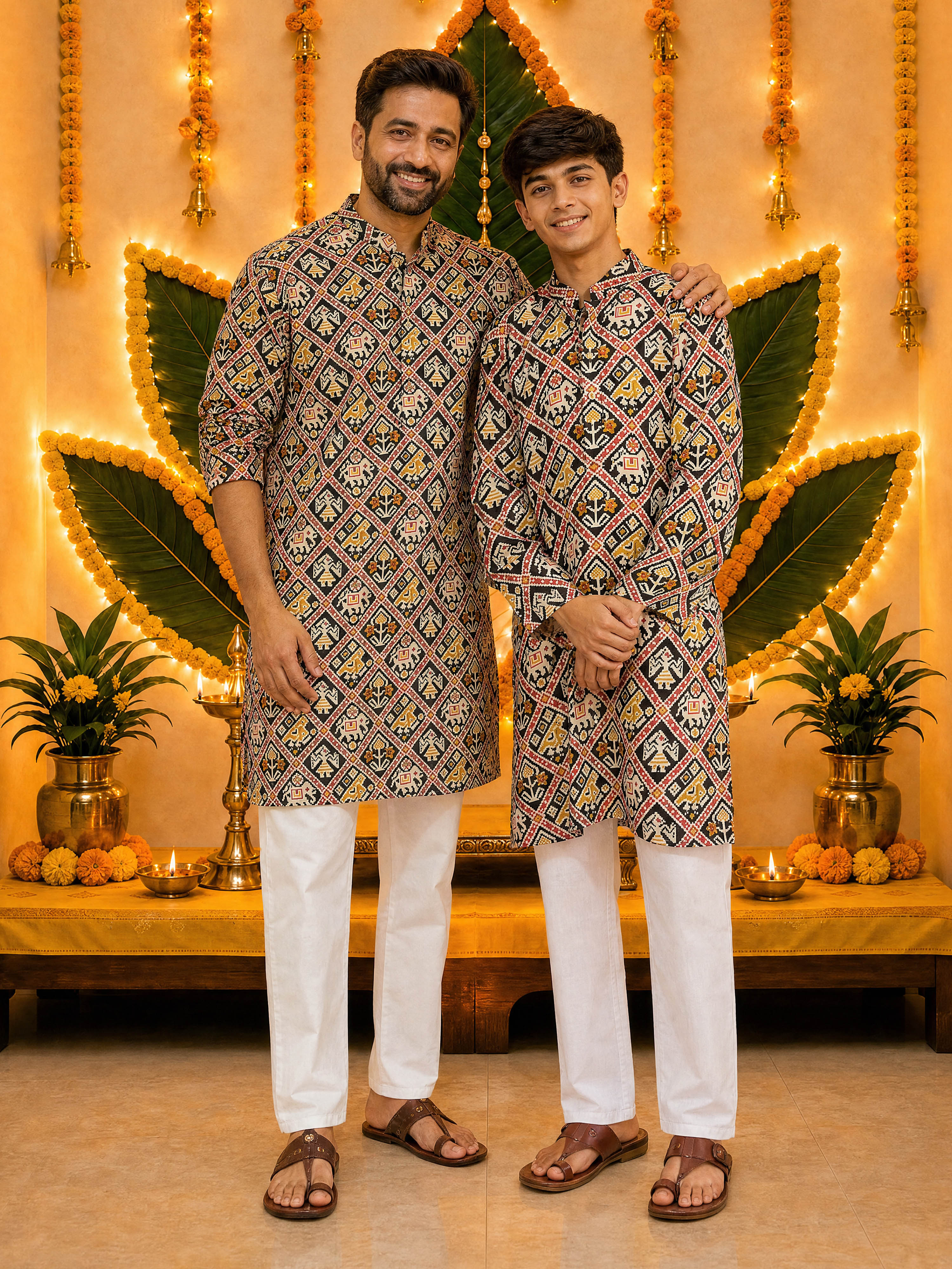 Boys's Black Cotton Ikkat Thigh Length Kurta And Pyjama Set