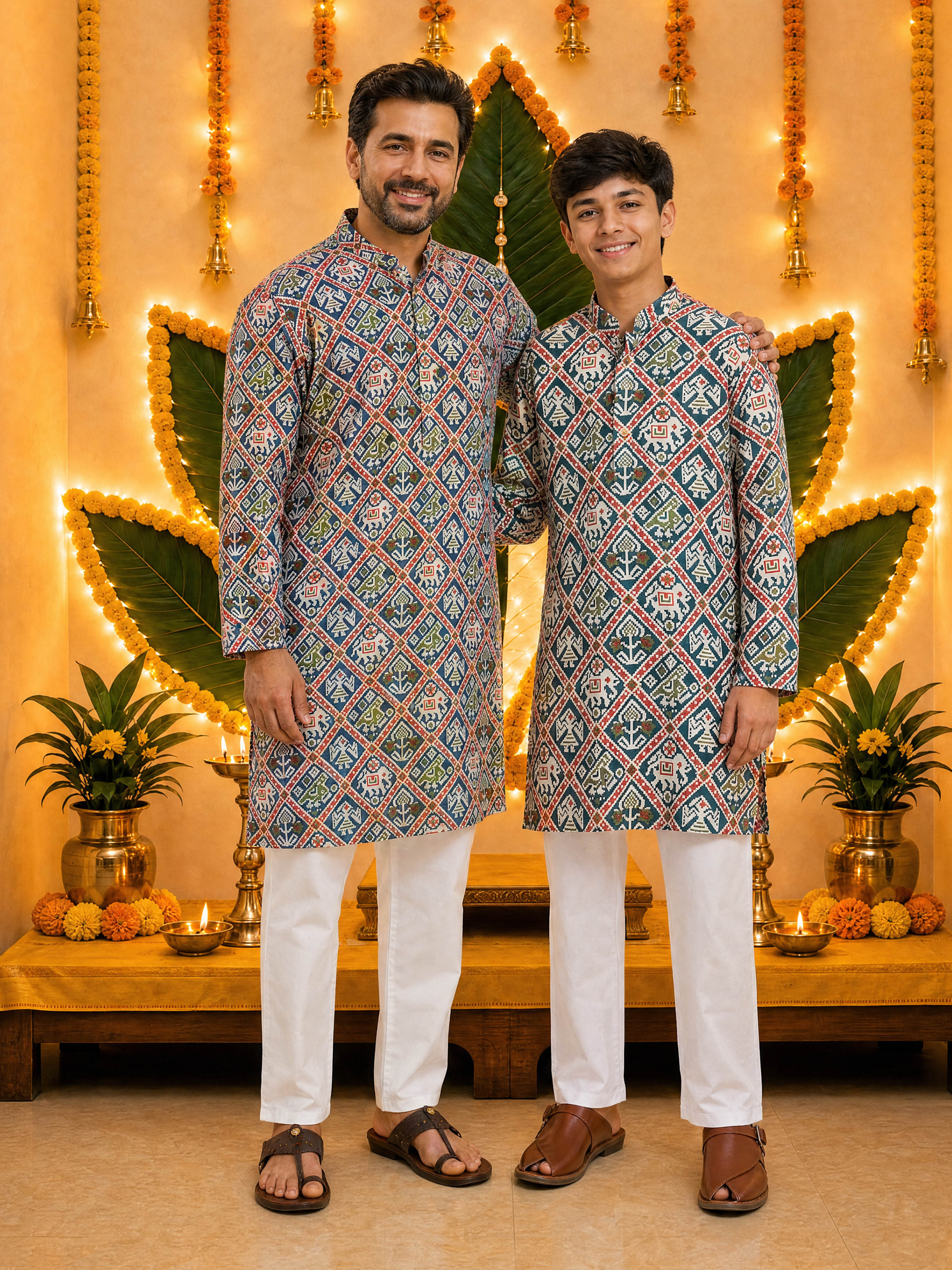 Men's Blue Batik Printed Cotton Mid-Length Kurta