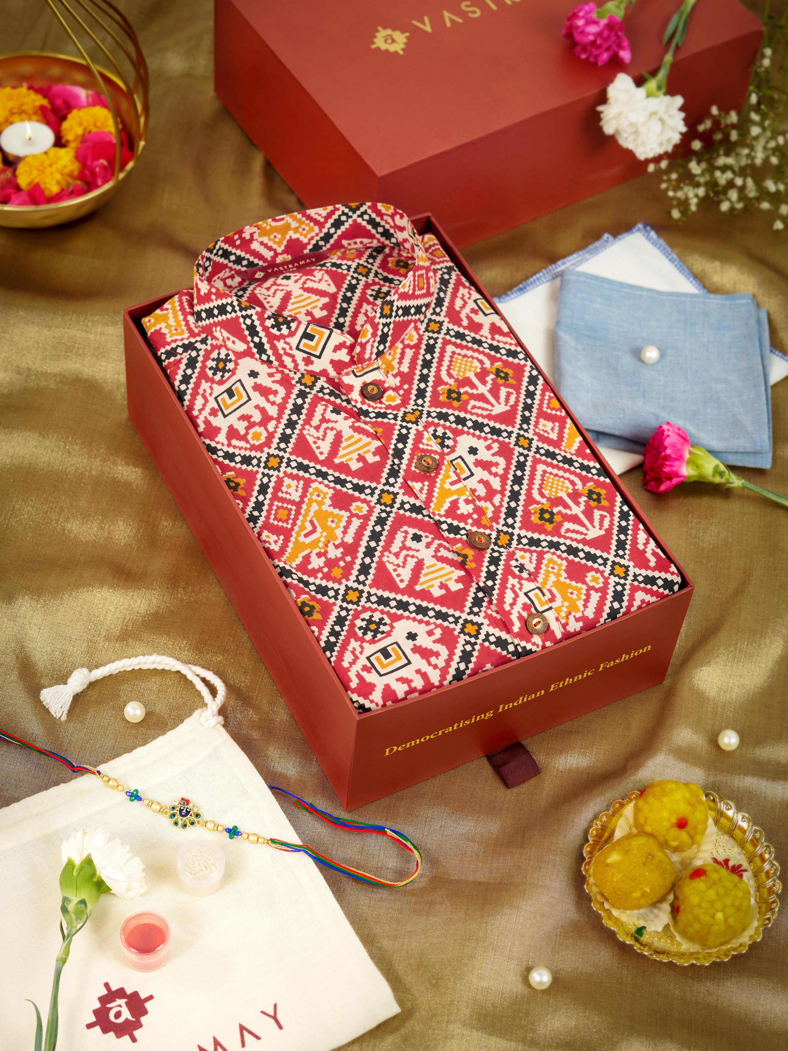 Men's Red Patola Printed Kurta Rakhi Gift Box for Brother | Includes Rakhi & Gift Box