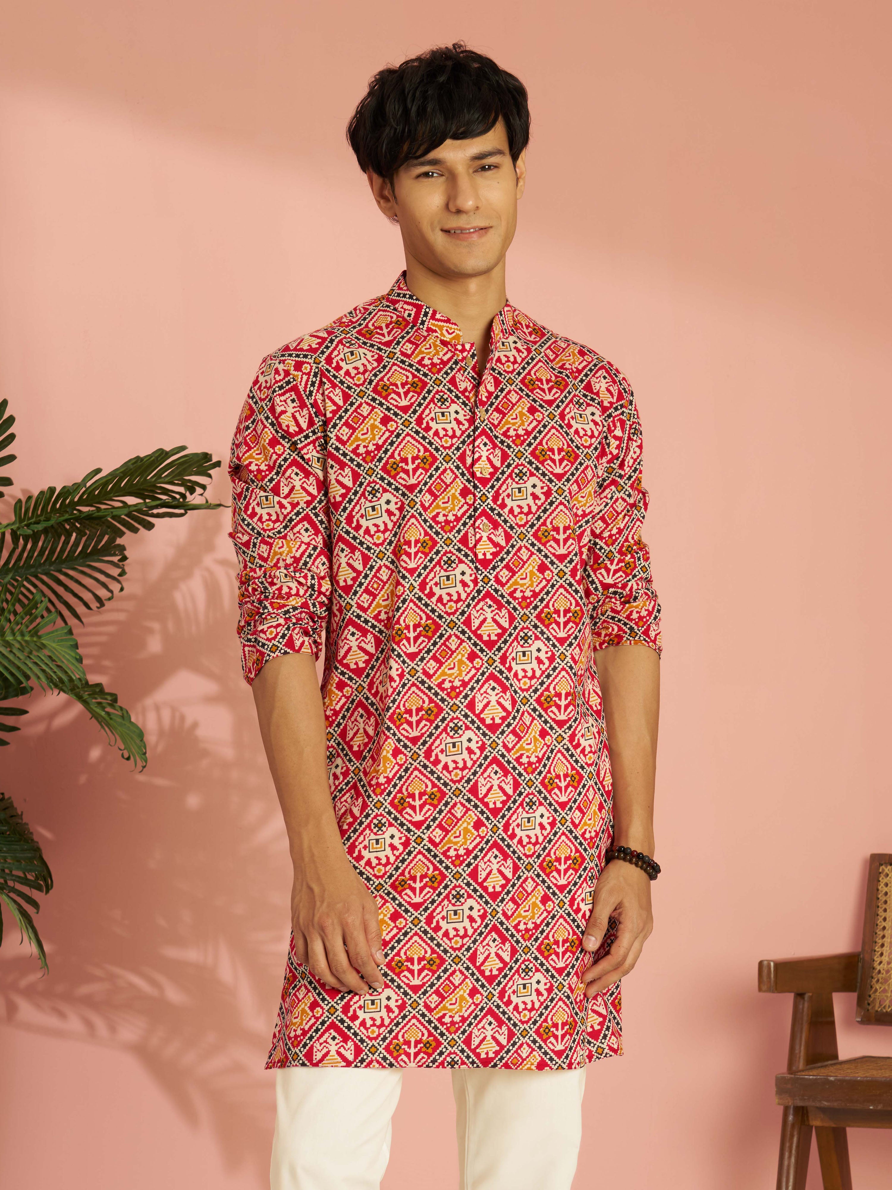 Men's Red Patola Printed Kurta Rakhi Gift Box for Brother | Includes Rakhi & Gift Box